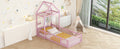 Wooden Floor Bed With Fence Railings And Detachable House Shape Headboard, Twin Size Bed With Kids Dress Up Rack, Kids Montessori Style Playhouse Frame For Girls Boys, Pink Twin Pink Wood