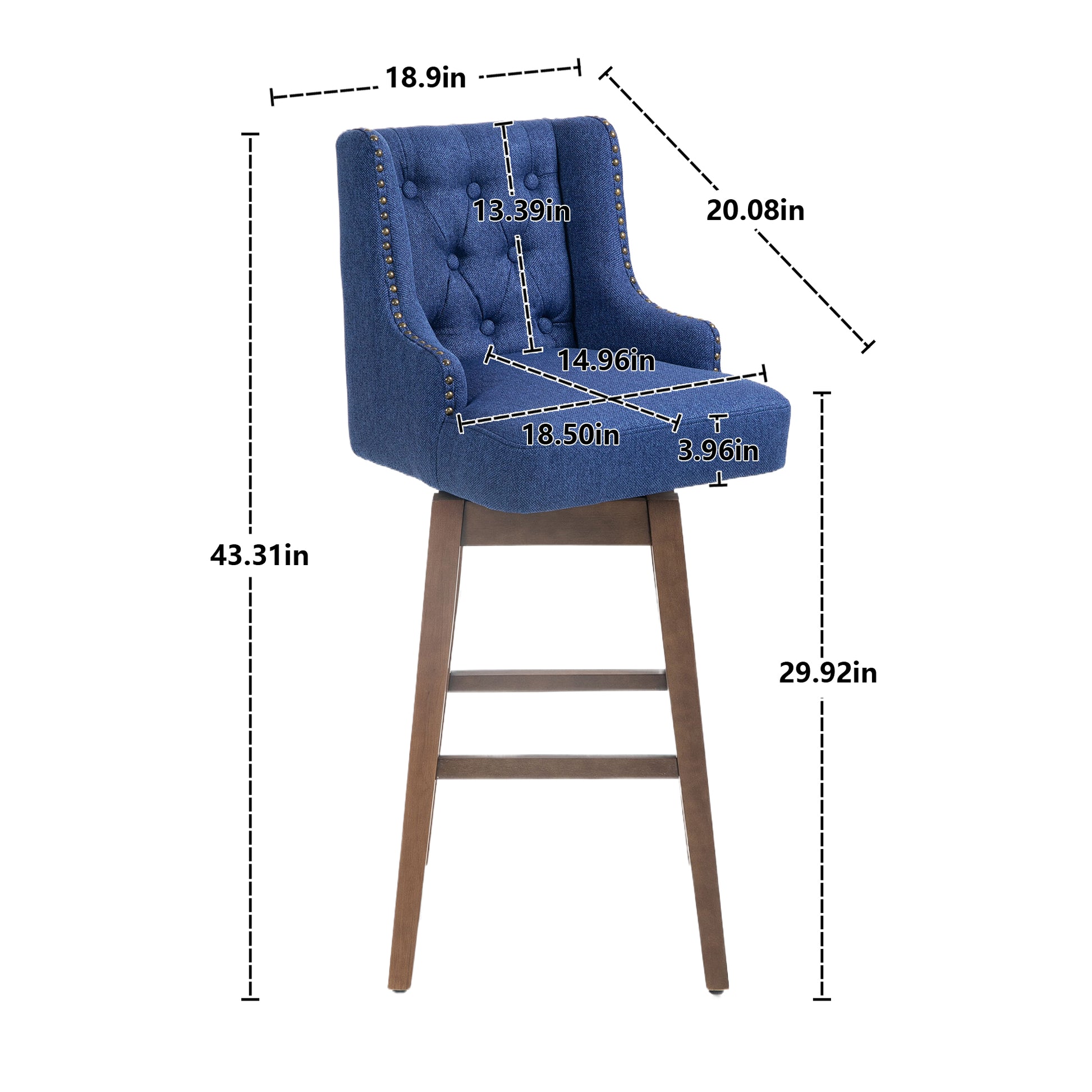 Coolmore Bar Stools Set Of 2 Counter Height Chairs With Footrest For Kitchen, Dining Room And 360 Degree Solid Wood Legs Swivel Bar Stools Set Of 2 Navy Linen Navy Foam Linen
