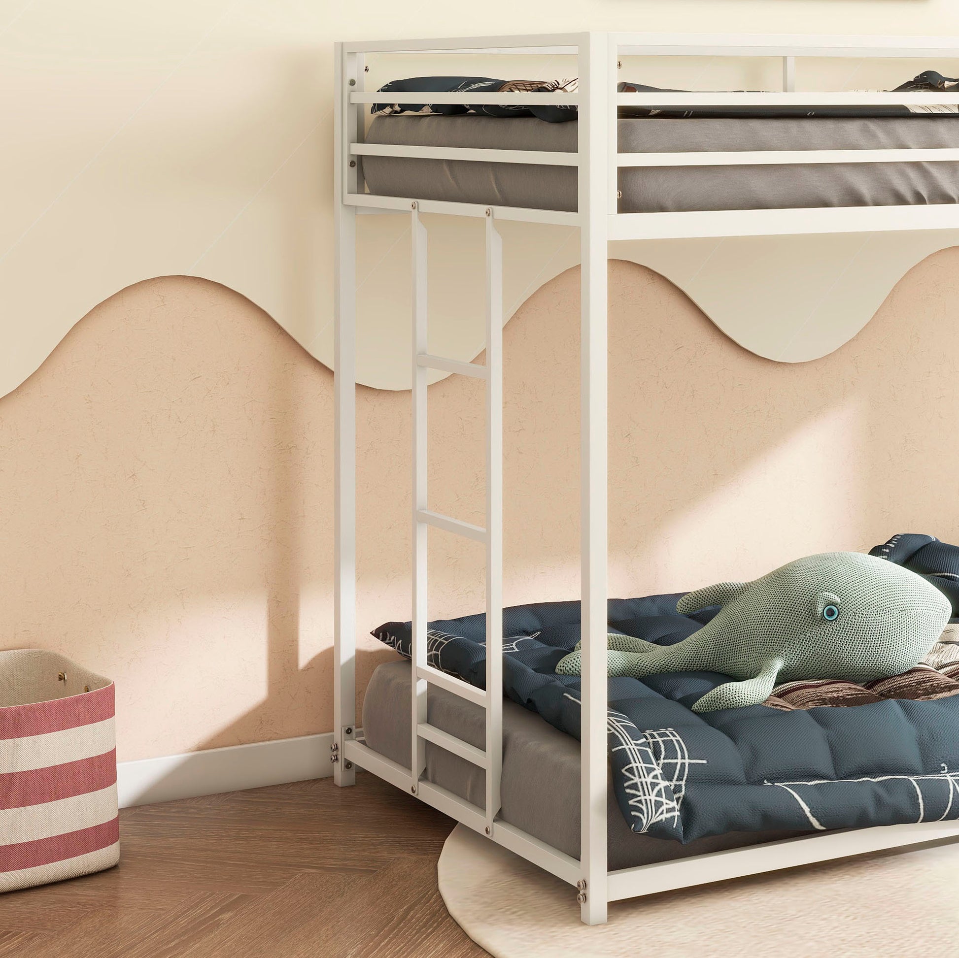 Adam Twin Over Twin Metal Bunk, White Twin Box Spring Not Required White Metal Bedroom Bed Frame Metal Metal