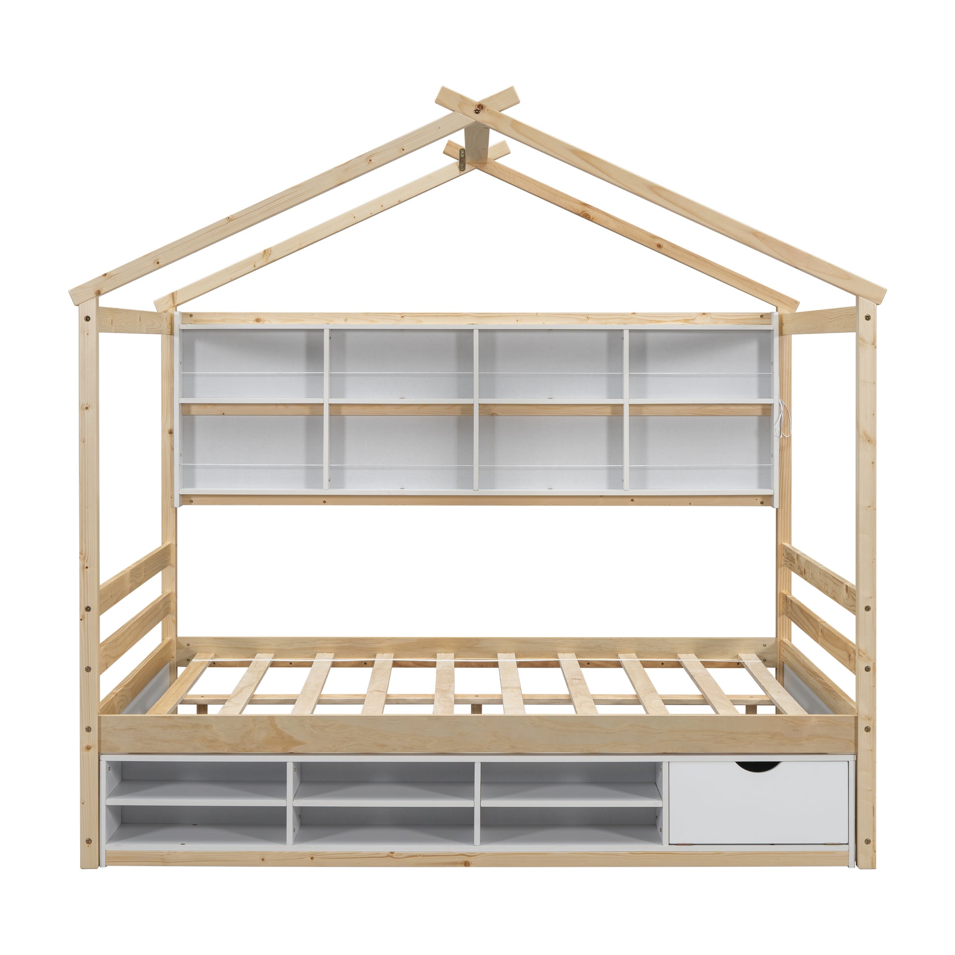 Full House Bed With Roof Frame, Bedside Shelves, Under Bed Storage Unit,Natural Full Natural American Design Pine