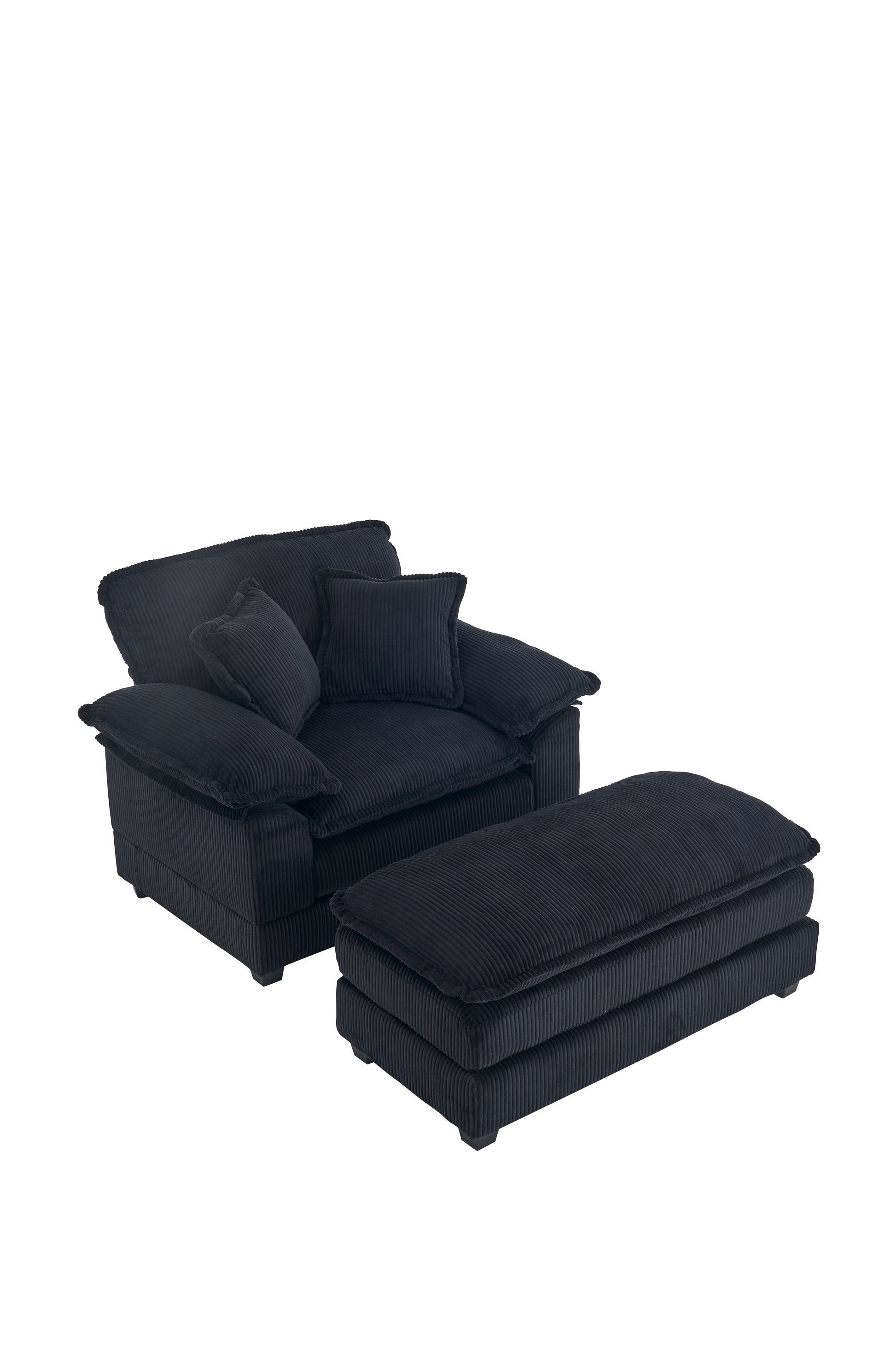 56.3 Inch Corduroy Single Sofa With 2 Toss Pillows And A Ottoman ,Comfy Sofa Deep Seat Couch For Living Room Black Foam 1 Seat