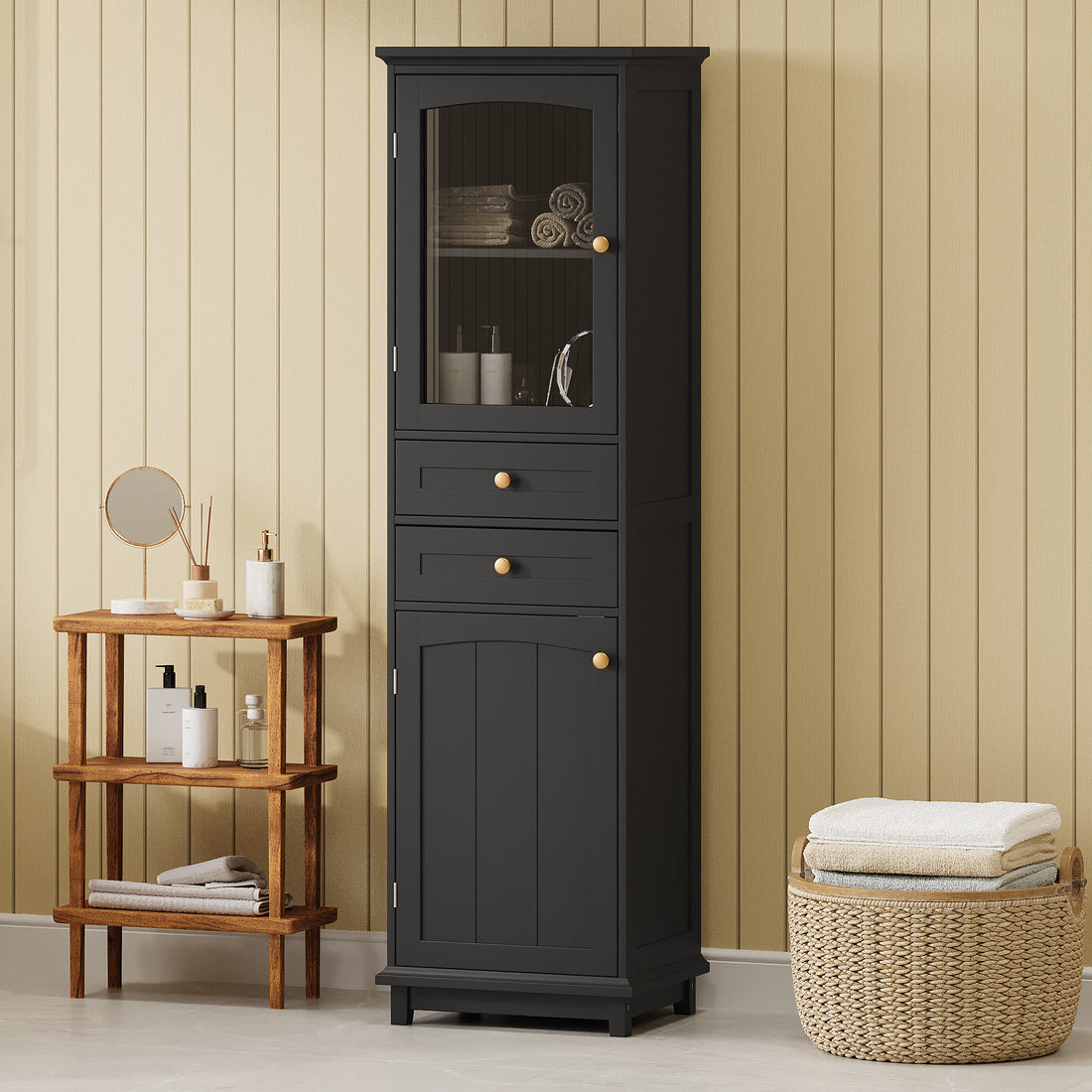 Tall Bathroom Storage Cabinet With Glass Doors, Free Standing, Two Drawers, And Adjustable Shelves, Mdf Board, Painted Black Perfect For Displaying Your Favorite Items 2 Black 2 4 Adjustable Shelves Bathroom Freestanding Partice Board Mdf Pine Wood