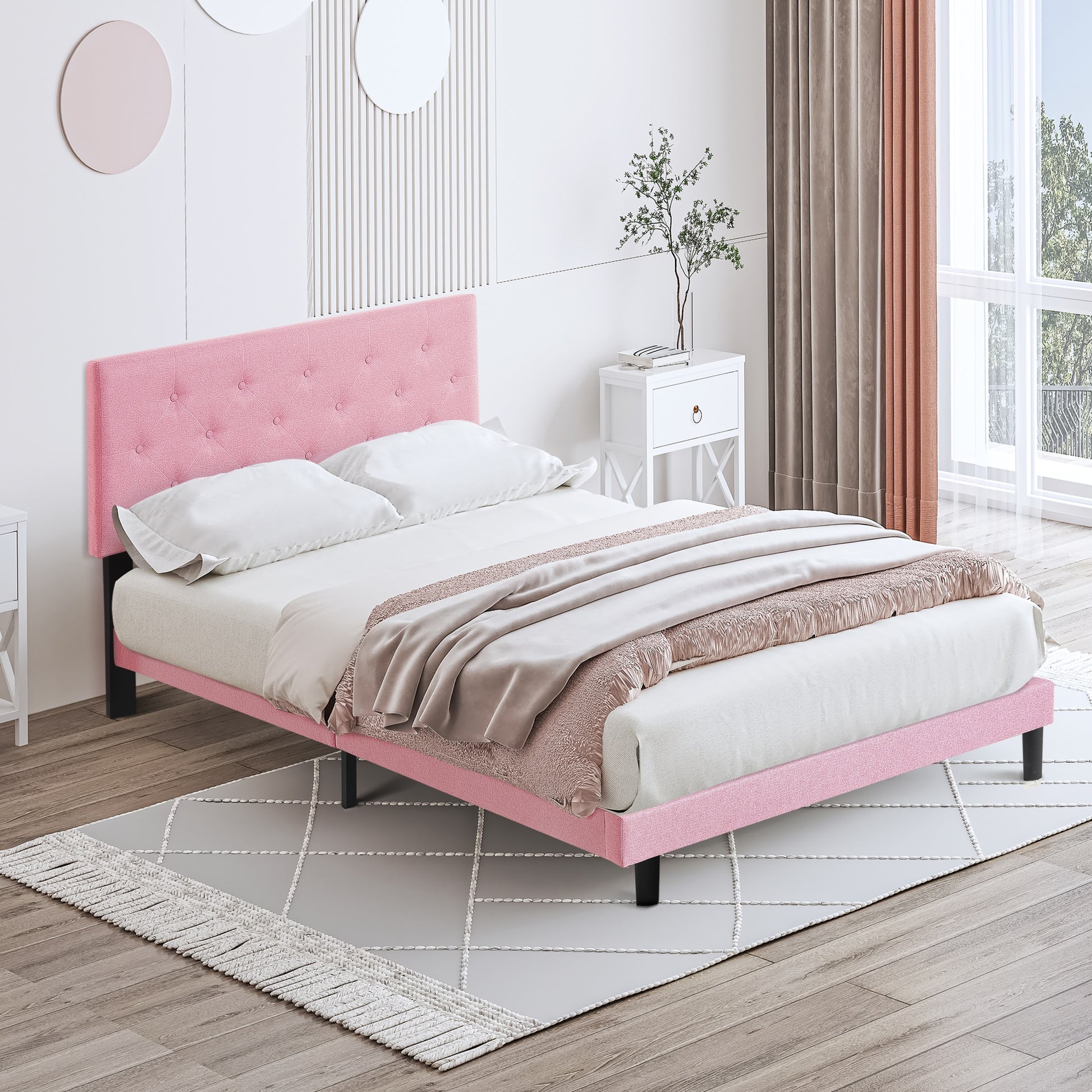 Full Size Upholstered Platform Bed Frame With Modern Button Tufted Linen Fabric Headboard, No Box Spring Needed, Wood Slat Support, Easy Assembly, Pink Full Pink Linen