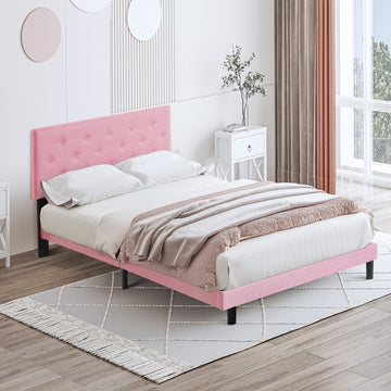 Queen Size Upholstered Platform Bed Frame With Modern Button Tufted Linen Fabric Headboard, No Box Spring Needed, Wood Slat Support, Easy Assembly, Pink Queen Pink Linen