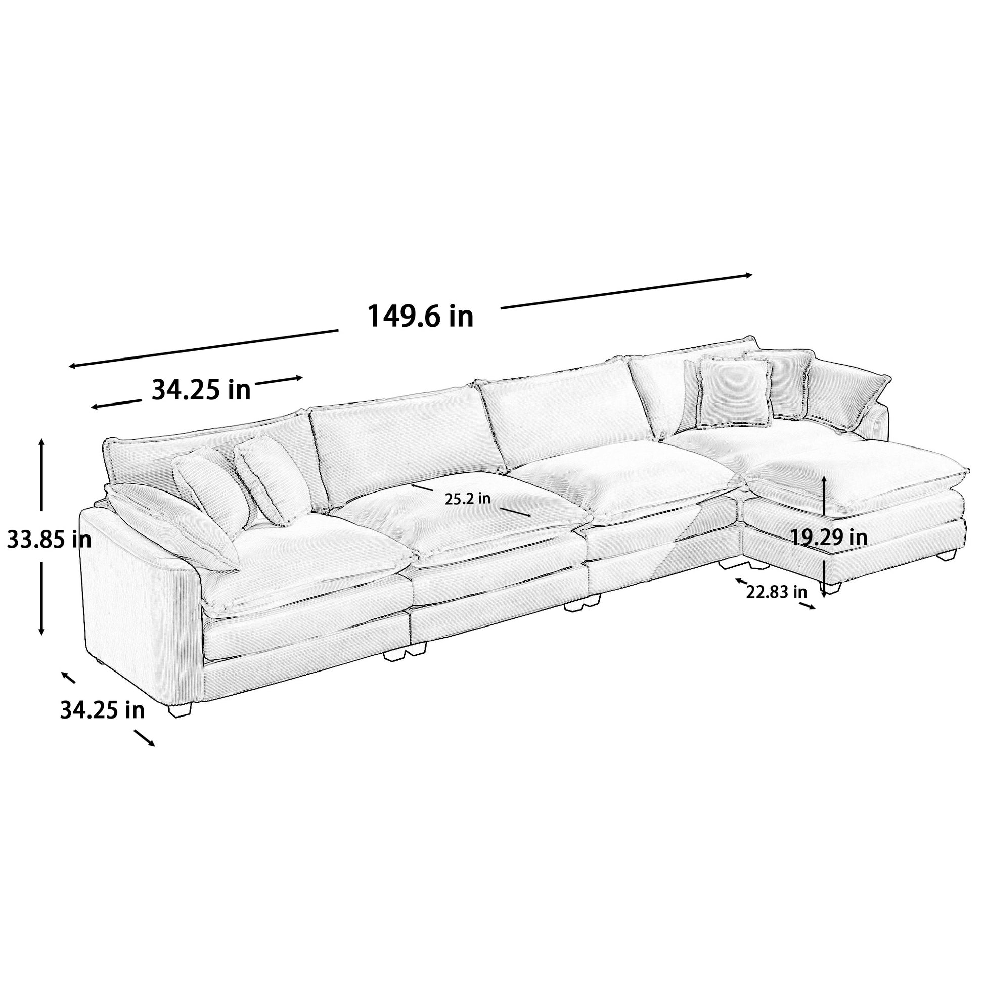 Modern Upholstered L Shape Modular Sectional Sofa, 4 Seater Sofa With With 1 Ottoman, Comfortable Corduroy Fabric Couch Sofa, Light Beige Corduroy Fabirc Beige Corduroy 4 Seat