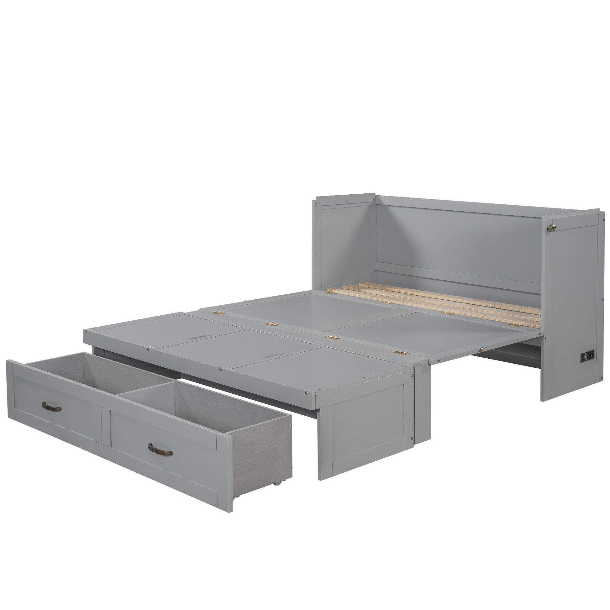 Queen Size Murphy Bed With Usb Ports, Large Drawers And Metal Handles,Gray Queen Gray Solid Wood Mdf