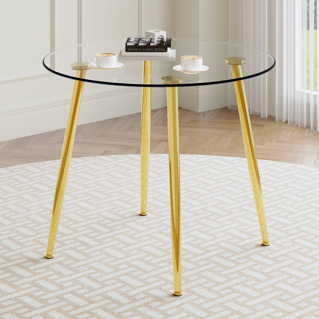 Round Dining Table With Glass Top, Gilded Metal Legs, Exquisite Living, Starting From The Details, The Gold Legs Show An Extraordinary Texture, Which Is The Finishing Touch To Your Home. Transparent Glass Metal