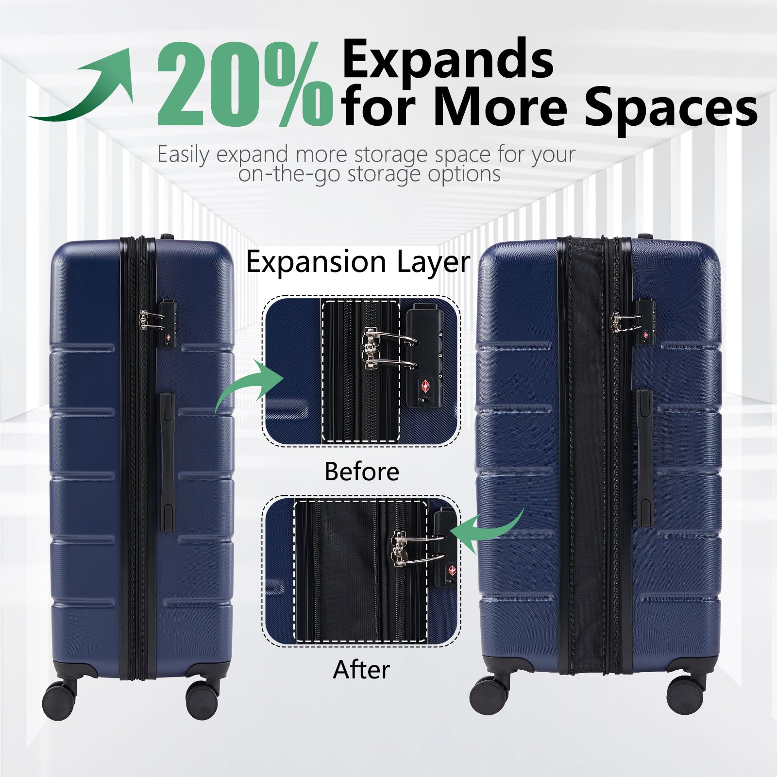 Hard Sided Expand Suitcase With Rotating Wheels, Tsa Lock, Retractable Handle, Blue, 20" 28" 3 Pack Blue Iron Plastic