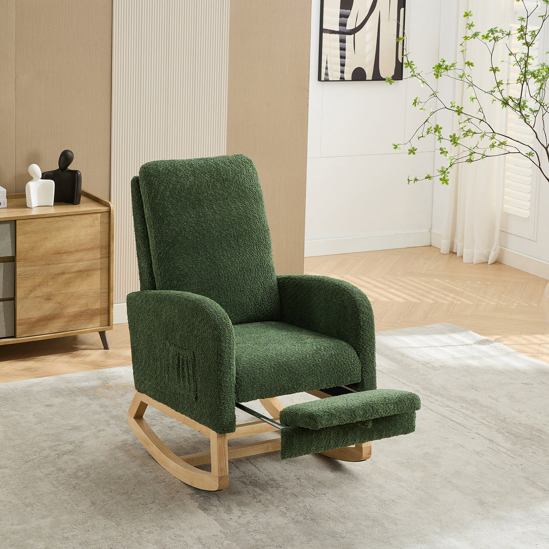 25.4"W Rocking Chair For Nursery, High Back Glider Chair With Retractable Footrest, Side Pocket, Rocking Accent Armchair With Rubber Wood Legs For Living Room Bedroom.Green Green Boucle