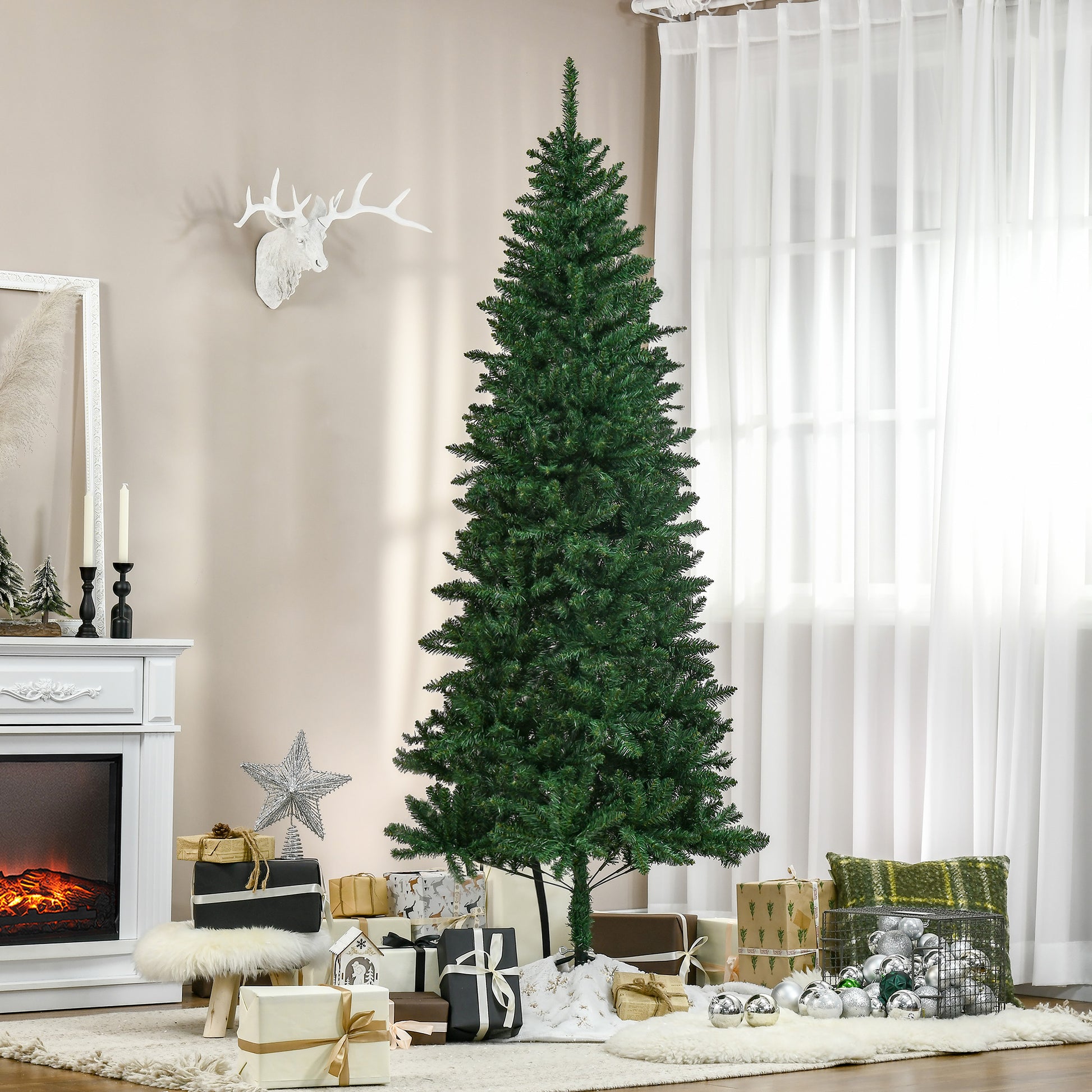 Homcom 7' Tall Unlit Slim Fir Artificial Christmas Tree With Realistic Branches, And 865 Tips, Green Green Plastic