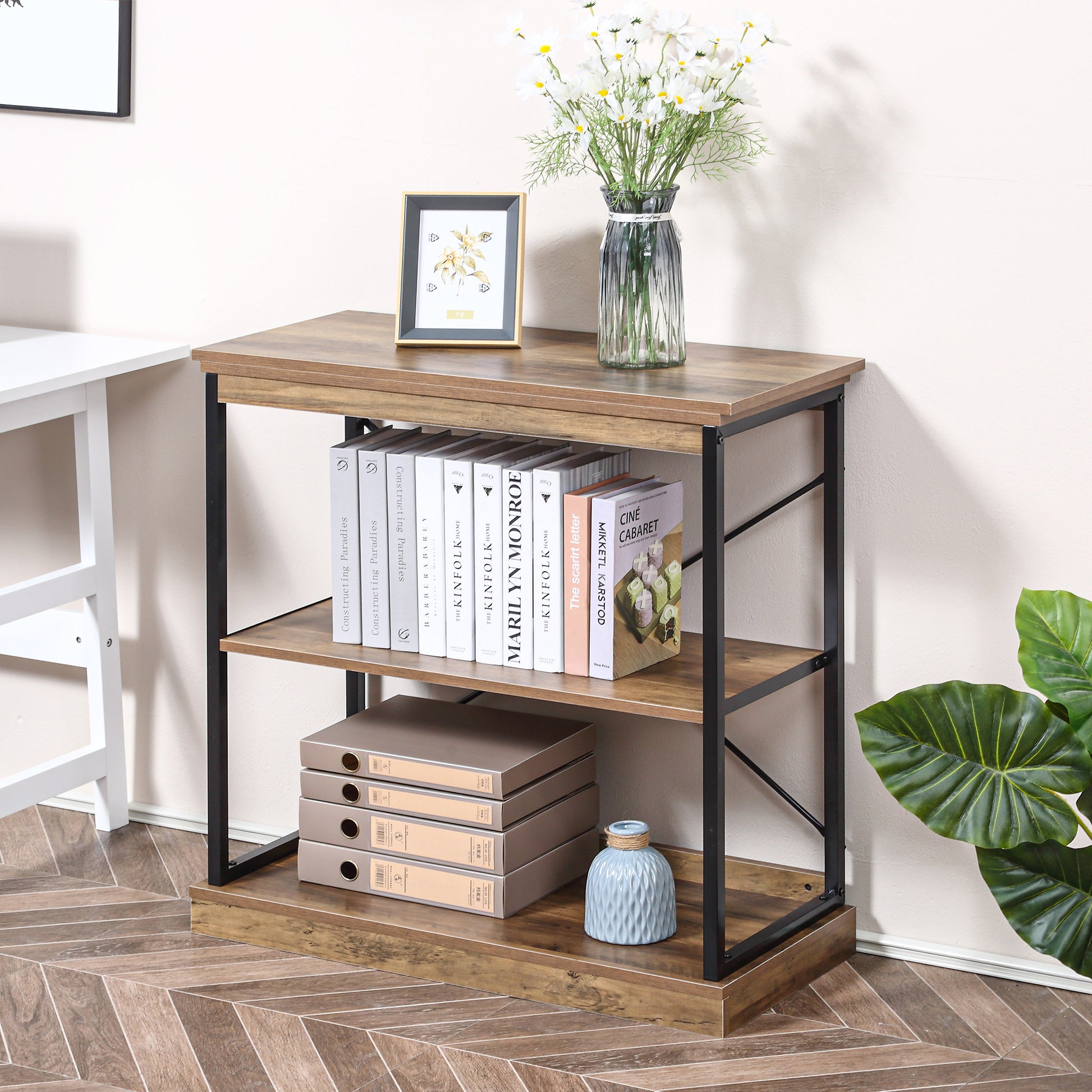 Homcom 2 Tier Shelf, Modern Style Bookshelf With Metal Frame For Living Room, Bedroom, And Office, Brown Brown Steel