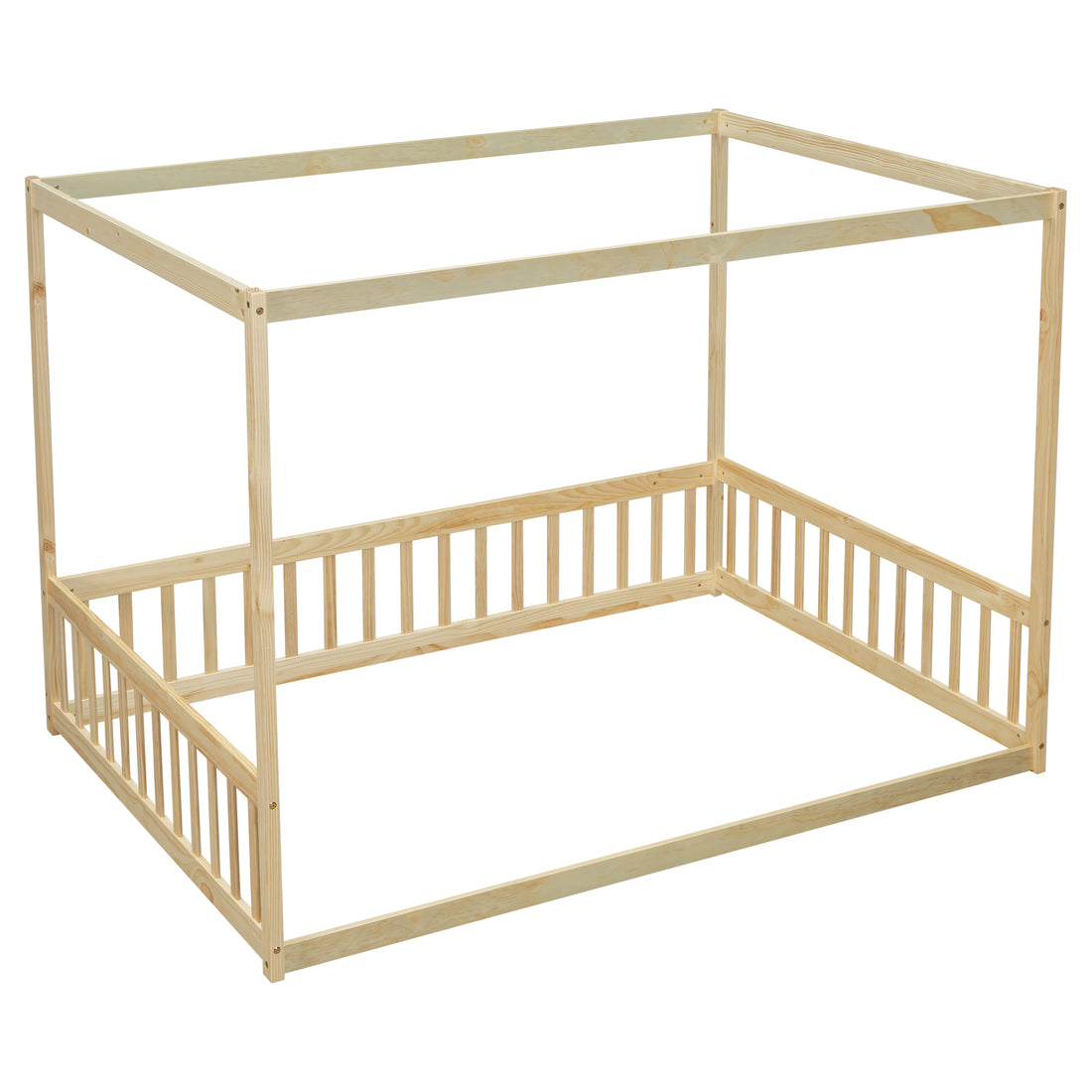 Full Size Canopy Frame Floor Bed With Fence, Guardrails,Natural Full Natural American Design Pine