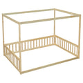 Full Size Canopy Frame Floor Bed With Fence, Guardrails,Natural Full Natural American Design Pine