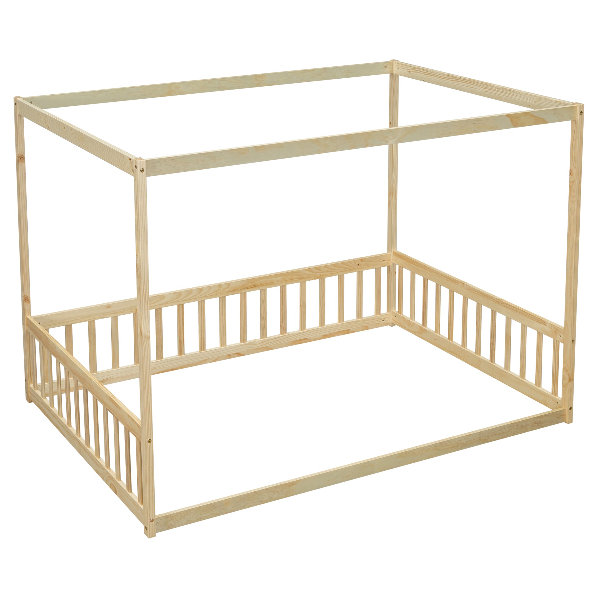 Full Size Canopy Frame Floor Bed With Fence, Guardrails,Natural Full Natural American Design Pine