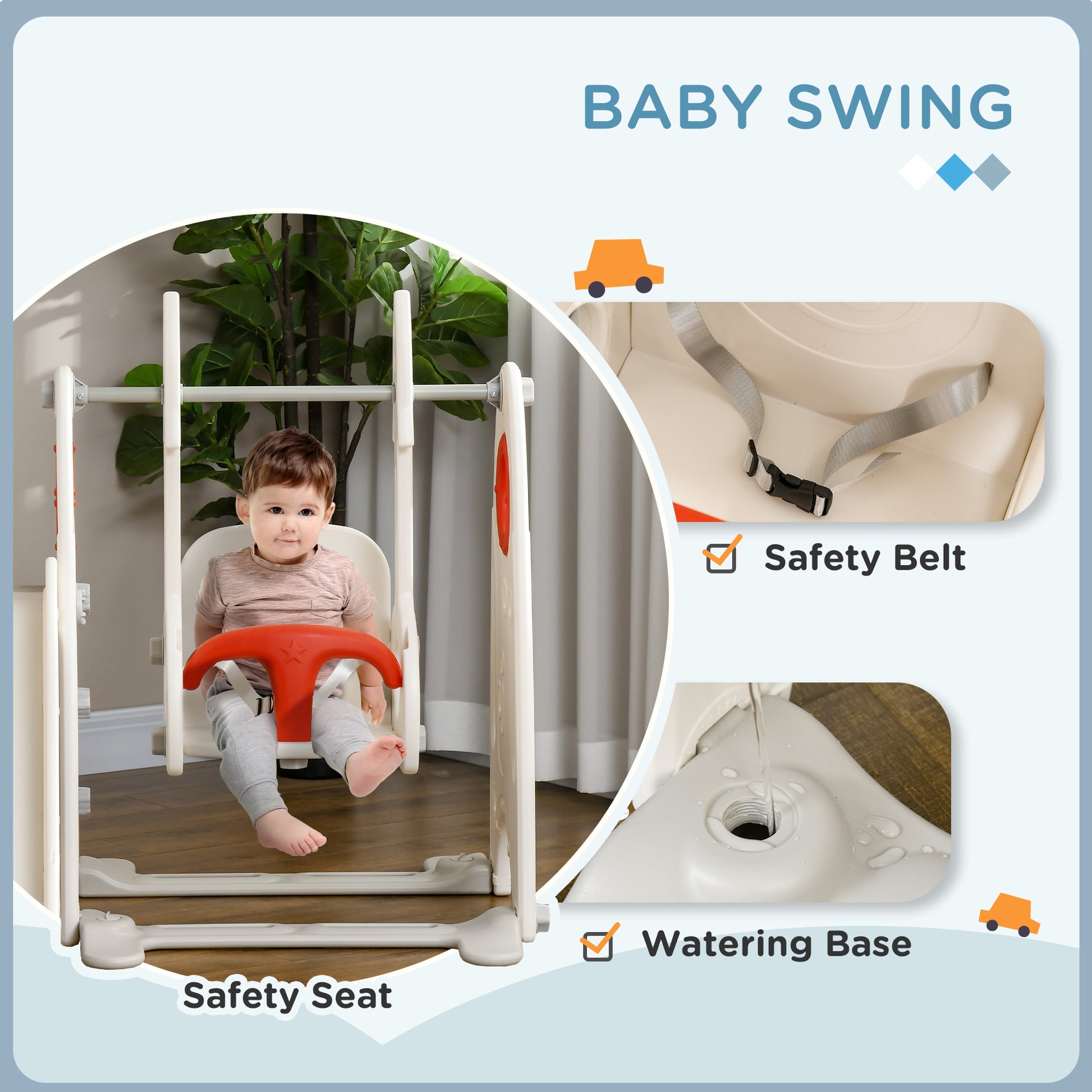 Qaba Toddler Swing Set, 4 In 1 Toddler Playground For Kids 1 3 Years Old, Indoor Toddler Playset With Slide, Swing, Basketball Hoop, Climber, Basketball, Red Red Plastic