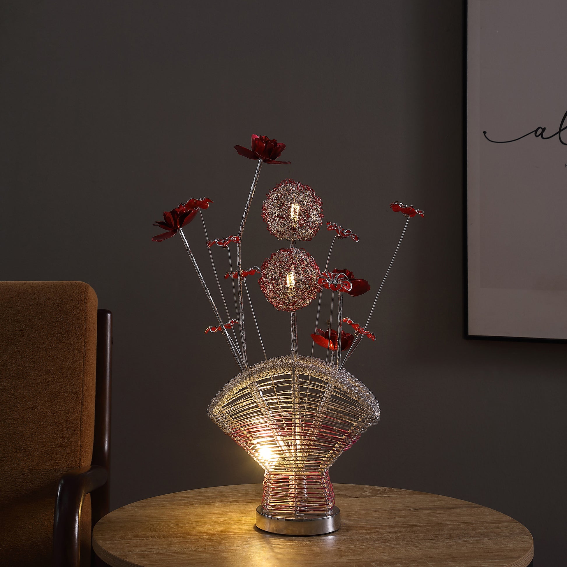 Aluminum 4 Red Roses 6 Petal Floral 2 Red Silver Flower Bud On A Fan Aluminum Vase Table Lamp For Living Room, Nightstand Bedside Table Lamp For Bedroom, Led Lamp Multicolor Aluminium