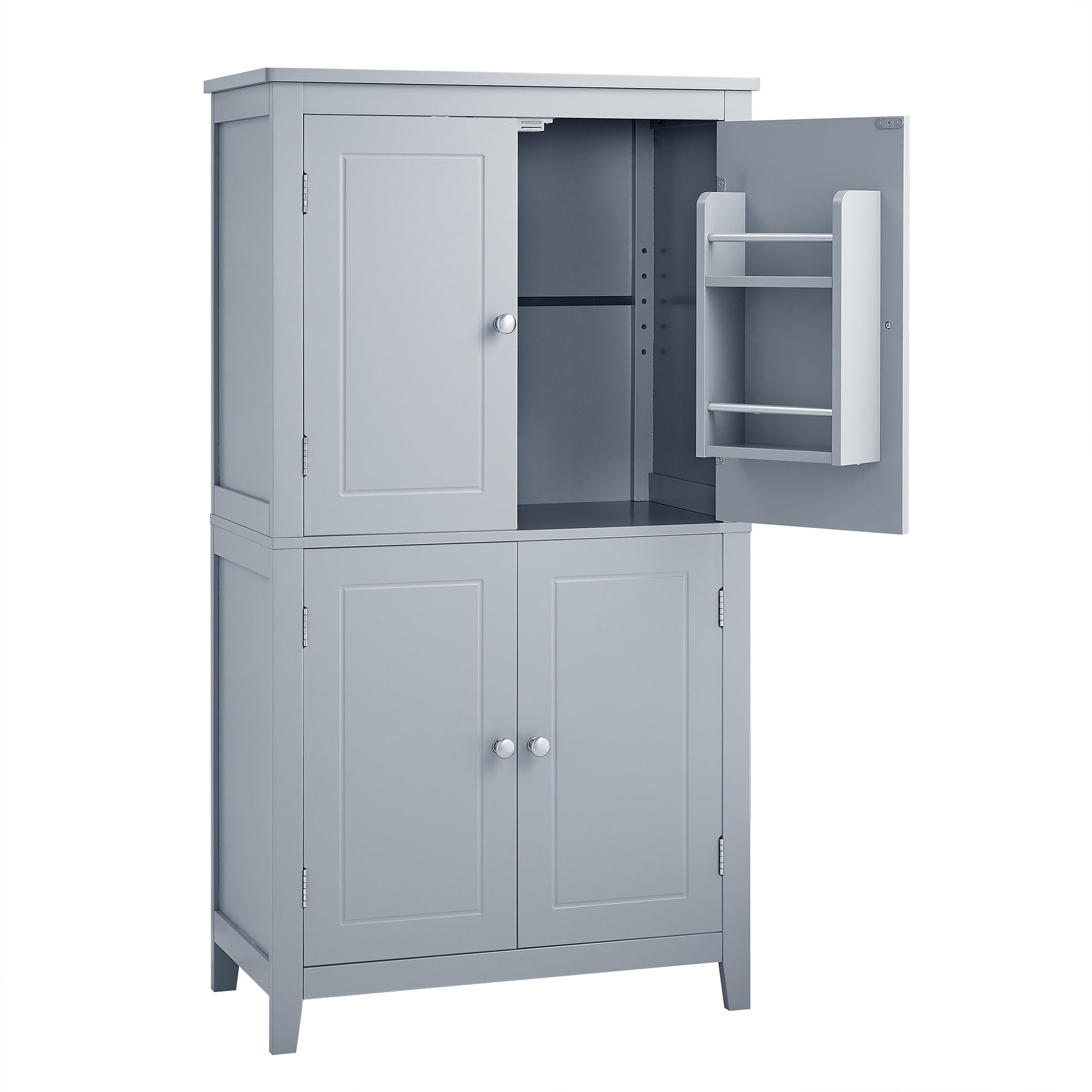 Elegant Bathroom Floor Storage Cabinet, Bathroom Storage Unit, Freestanding Cabinet With 4 Doors, Adjustable Shelves, Adaptable Shelves, Grey Grey Mdf