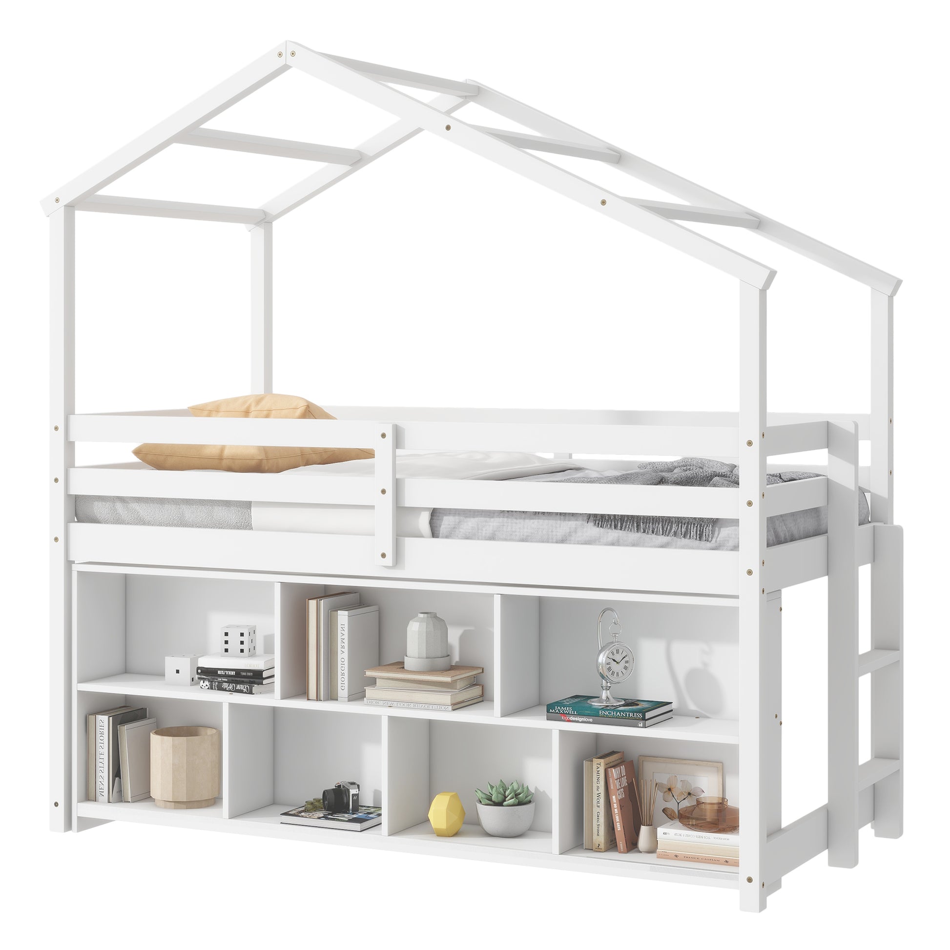 Twin House Loft Bed With Roof Frame, Under Bed Shelving Storage Unit, Guardrails, Ladder,White Twin White Bedroom American Design Pine Pine