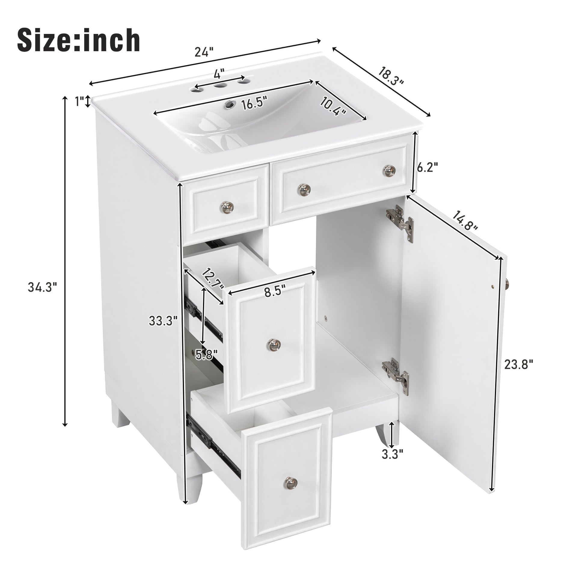 24 Inch Bathroom Vanity Cabinet With Ceramic Sink, 2 Drawers, 1 Door White Bathroom Solid Wood Mdf