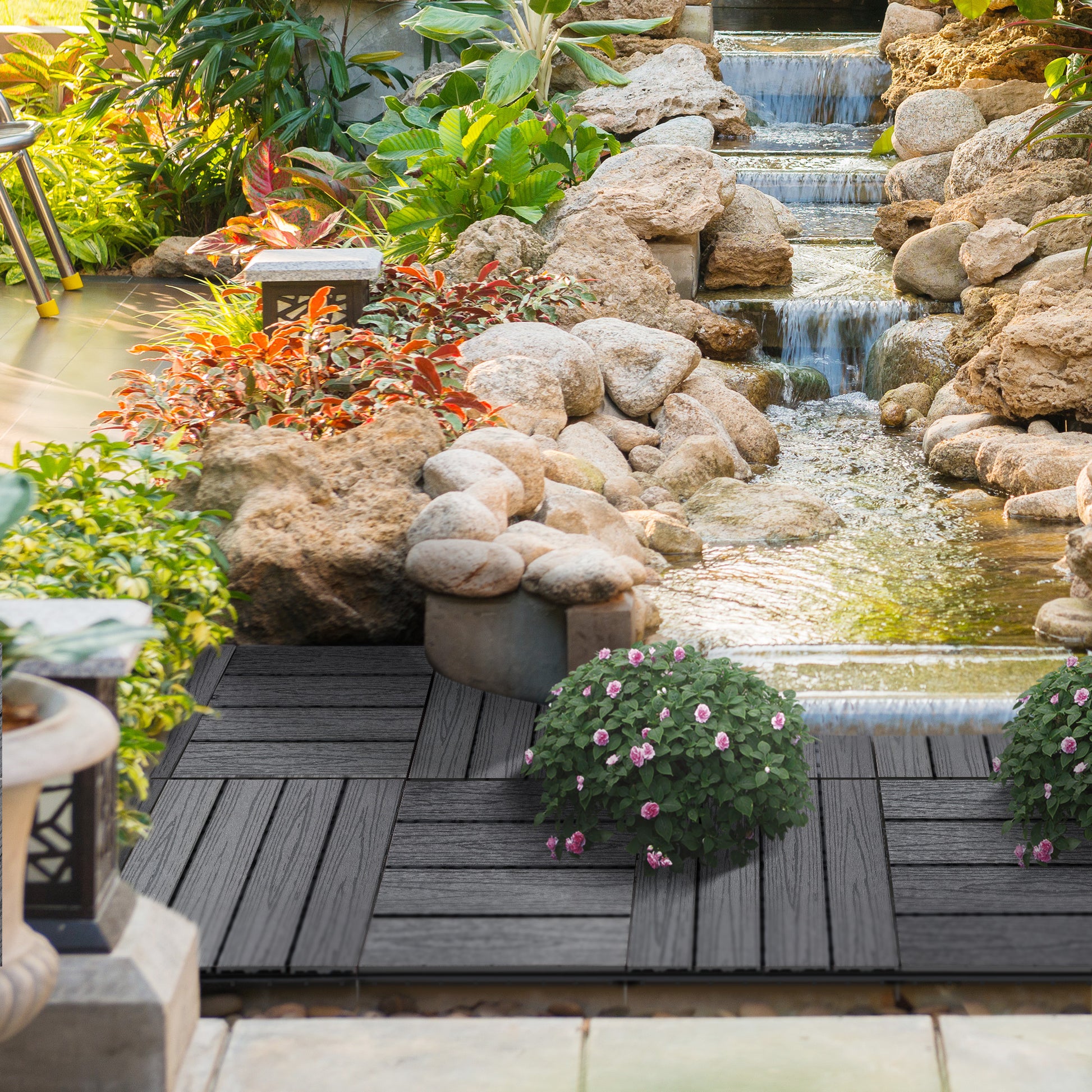 Outsunny Interlocking Deck Tiles, Pack Of 11 Outdoor Flooring Patio Tiles, 12" X 12", All Weather For Porch, Balcony, Backyard For A Classic Look, Grey Gray Plastic