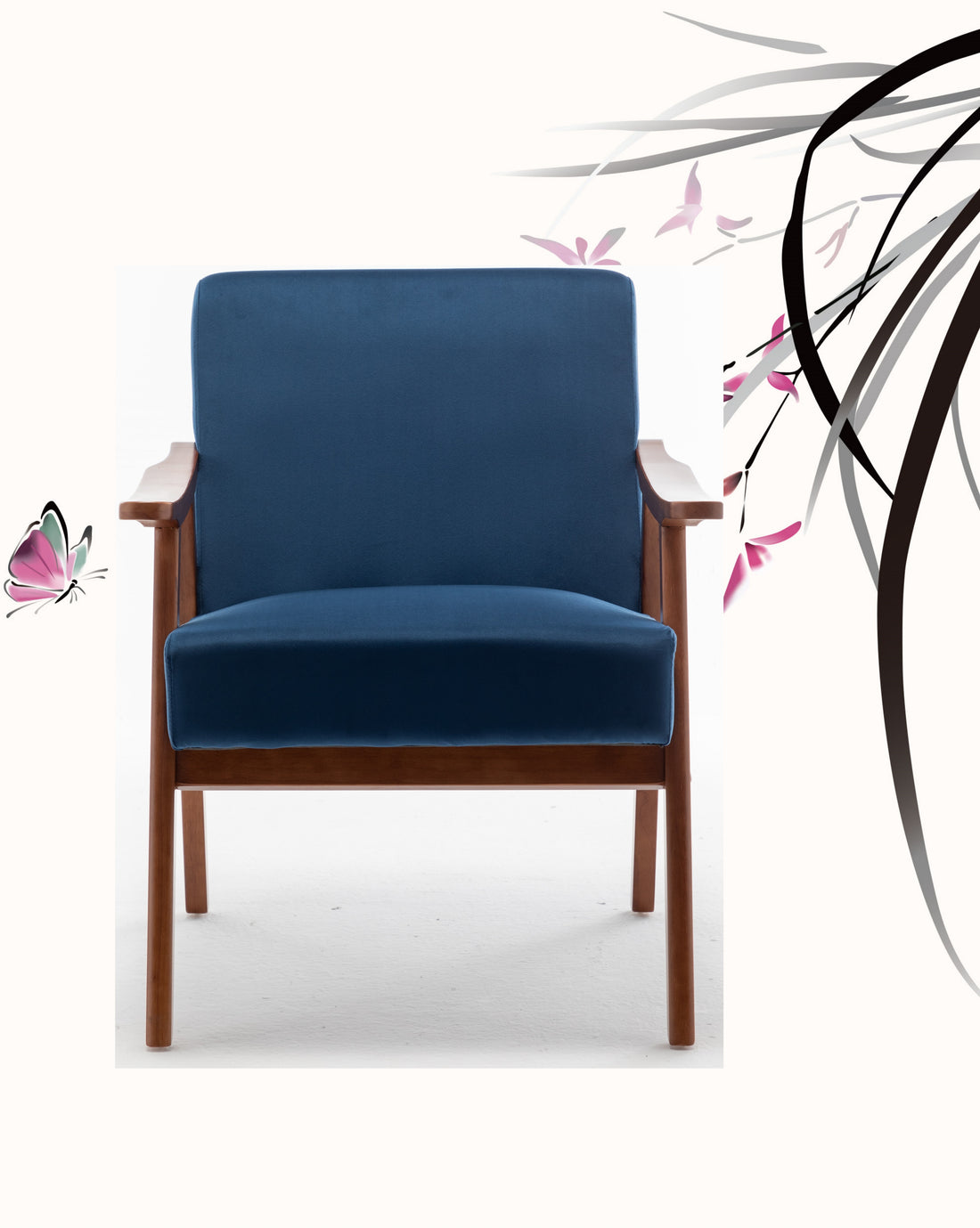 Accent Chair With Velvet Upholstery And Solid Wood Frame, Classic Mid Century Modern Living Room Furniture For Extra Seating, Dark Blue Dark Blue Velvet