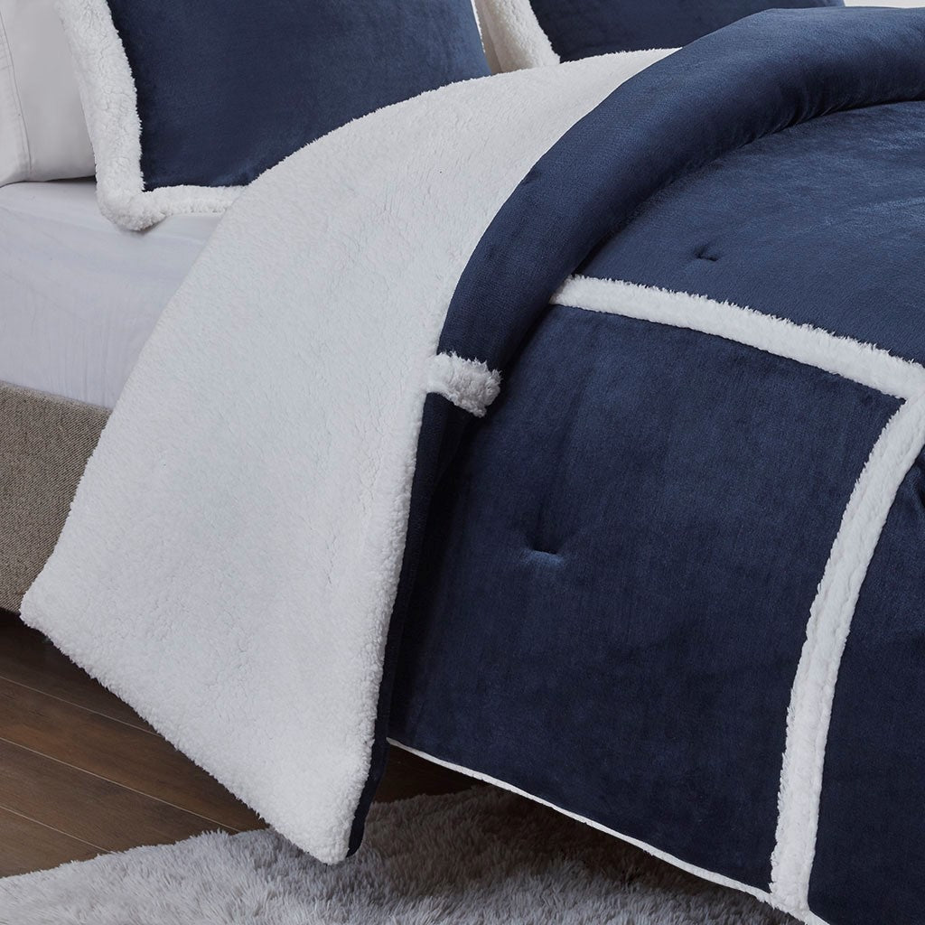 Plush To Sherpa Comforter Set Twin Navy Polyester