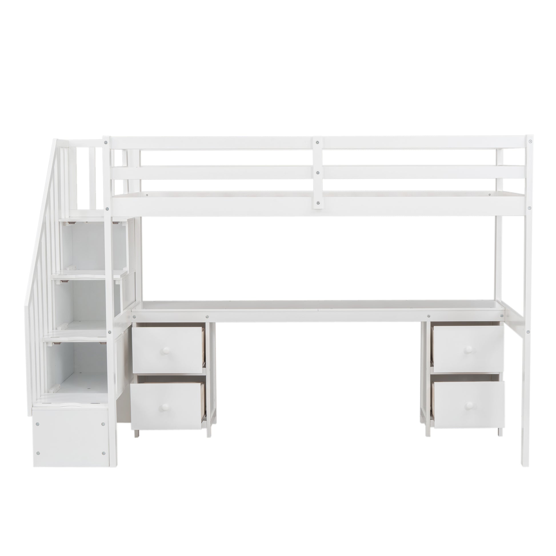 Twin Size Loft Bed Frame With Built In Desk And Double Storage Drawers,White Twin White Solid Wood Mdf