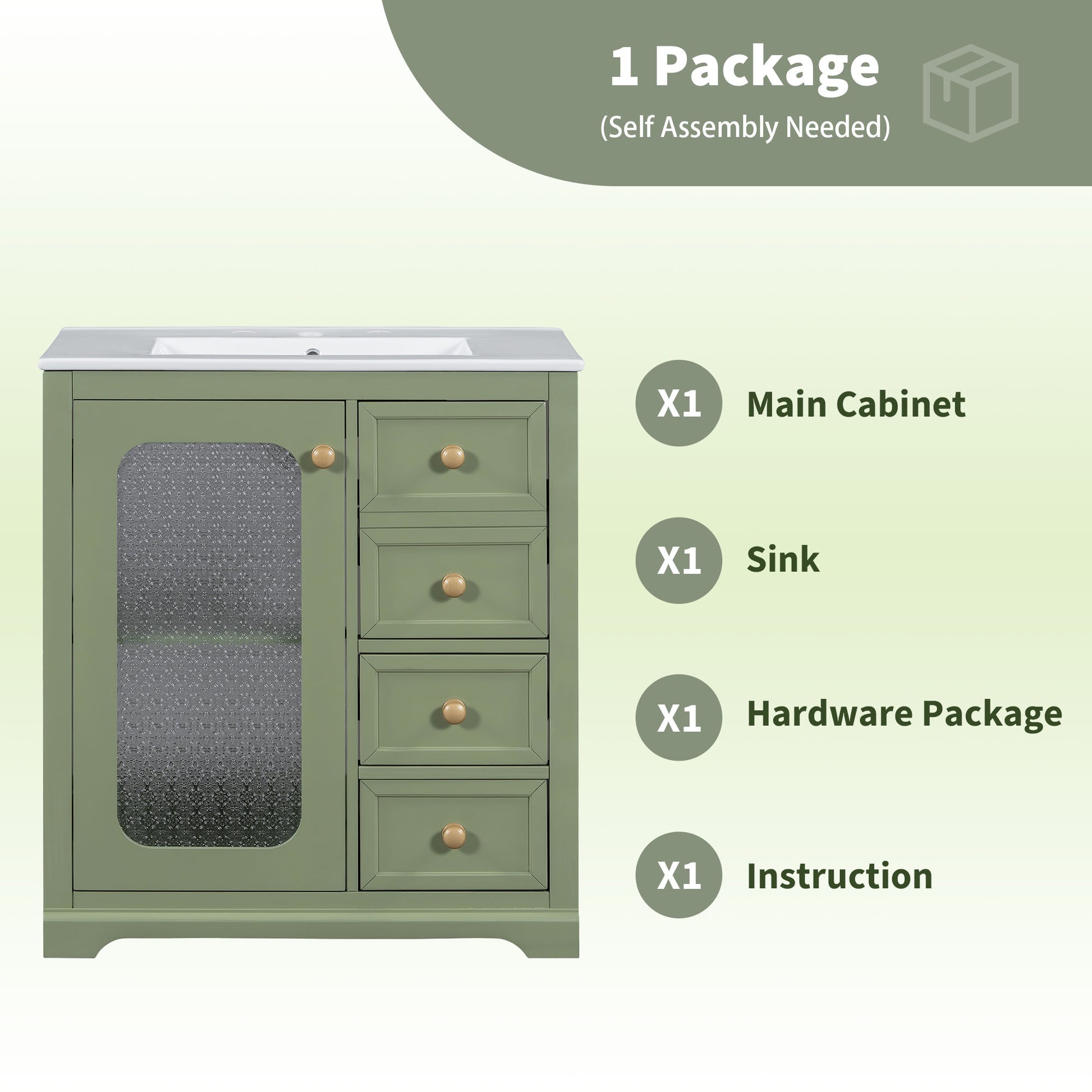 30 Inch Bathroom Vanity With A Soft Close Glass Door, Adjustable Shelves, And Three Drawers Green Bathroom Solid Wood Mdf Glass