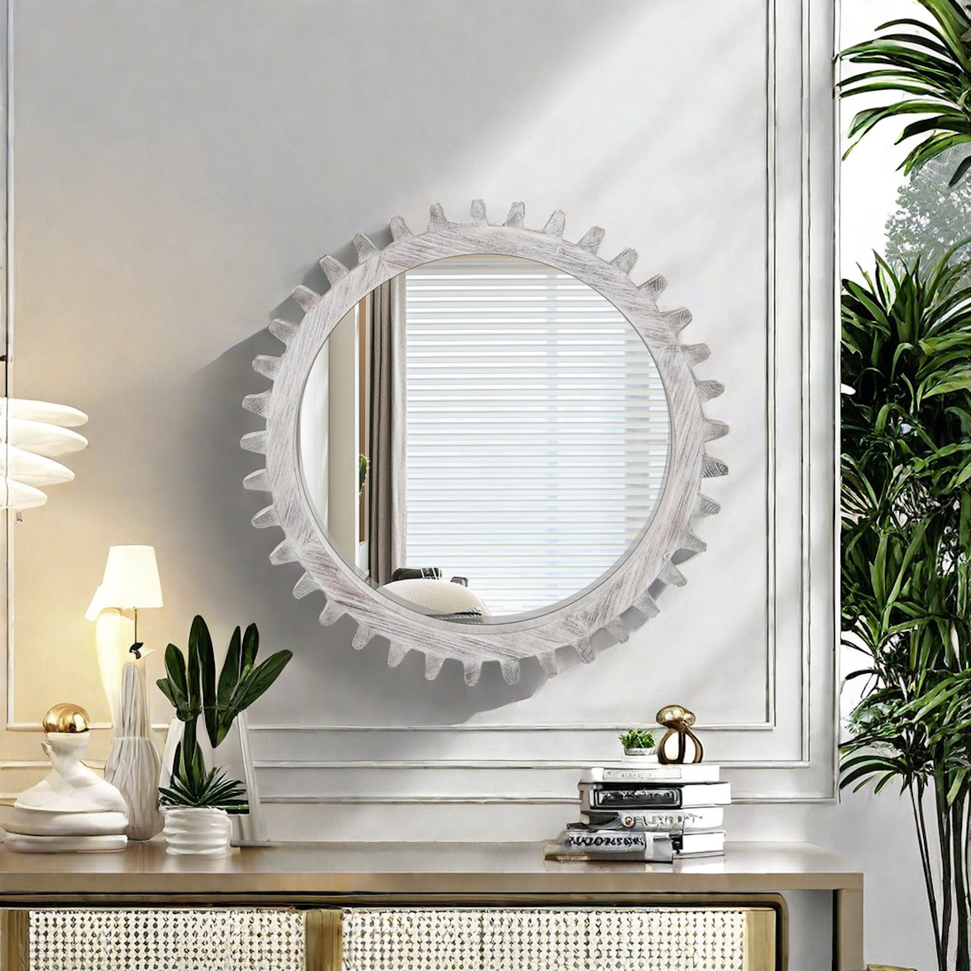 Vintage 26'' X 26'' Wall Wood Round Hanging Gear Shape Heavy Decorative Mirror For Bathroom Living Room Entryway Or Put Together To Your Liking. Antique White Washed Oval Or Circle White Washed Living Room American Design Gallery Wall And Wall Art Sets