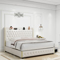 Queen Size Bed Frame With 4 Drawers, Star Projector Galaxy Light, Wingback Upholstered Headboard With Diamond Button, Usb Charger And Music Speaker, Pu Leather Cream Mdf Metal