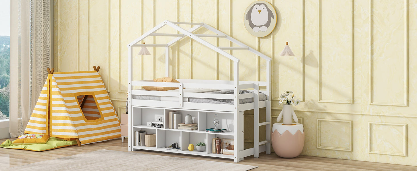 Twin House Loft Bed With Roof Frame, Under Bed Shelving Storage Unit, Guardrails, Ladder,White Twin White Bedroom American Design Pine Pine