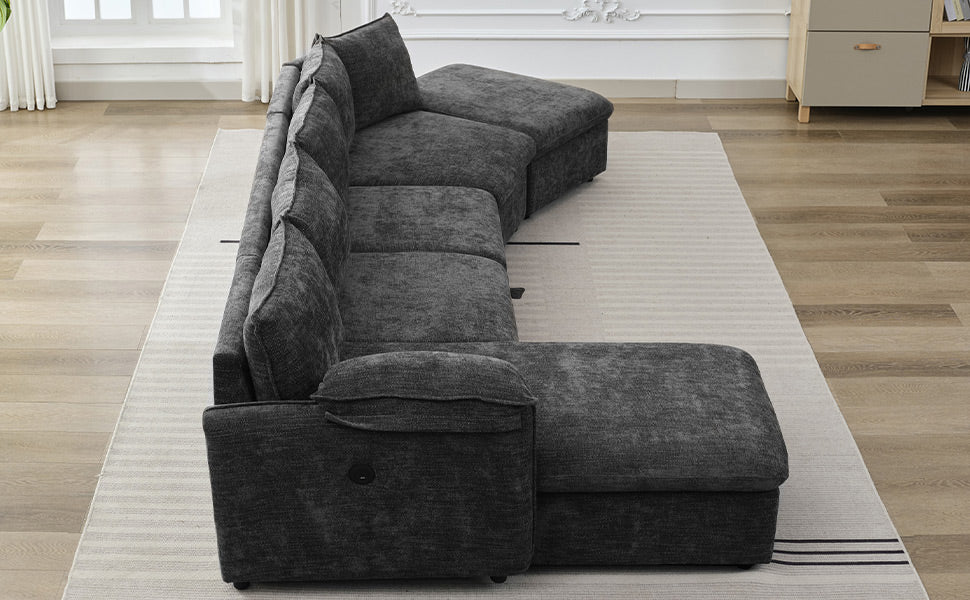 146.9" L Shaped Sofa Sectional Sofa Couch Pull Out Sofa Bed With A Movable Storage Ottoman, A Storage Chaise Lounge And Two Usb Ports For Living Room, Grey Grey Foam Linen 5 Seat