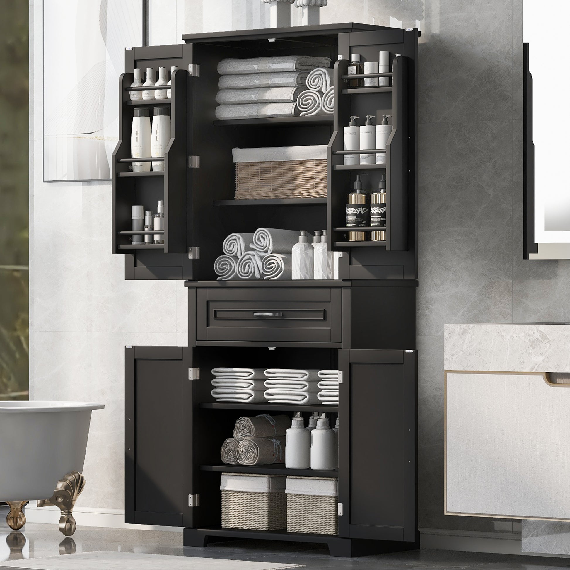 Bathroom Storage Cabinet With Doors And Drawer, Multiple Storage Space, Adjustable Shelf, Black Black Mdf