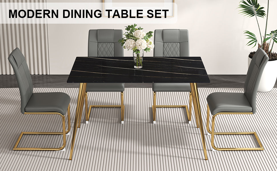Table And Chair Set. 1 Table With 4 Gray Pu Chairs. Modern Minimalist Rectangular Black Imitation Marble Dining Table, With Golden Metal Legs. Paired With 4 Chairs With Golden Legs.Dt 1544 C001 Black Gold Glass Metal