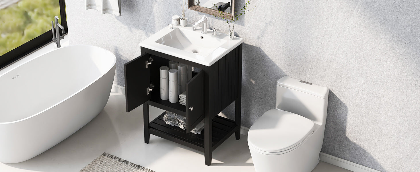 Video 24" Black Modern Sleek Bathroom Vanity Elegant Ceramic Sink With Solid Wood Frame Open Style Shelf Black Solid Wood Mdf