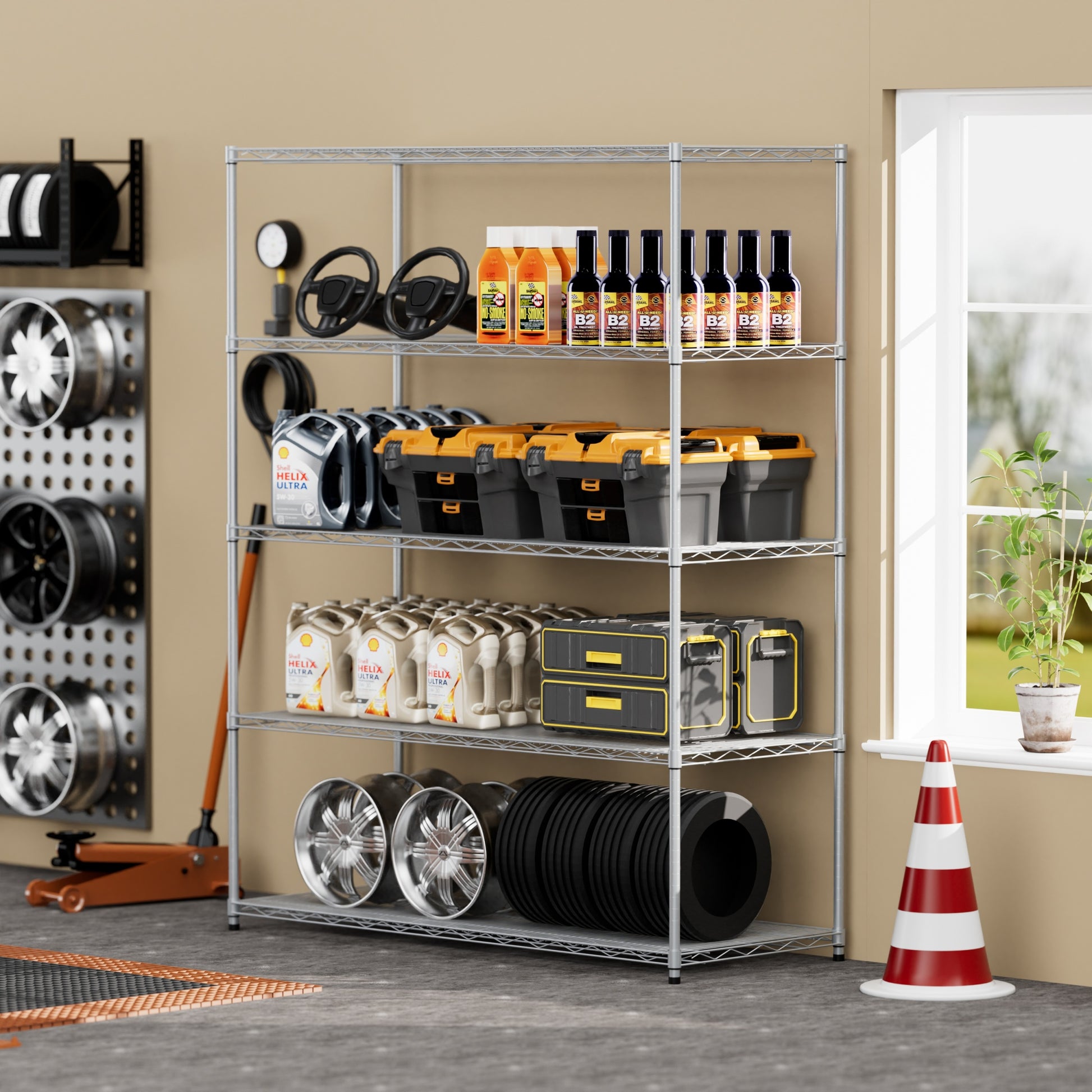 5 Tier Heavy Duty Adjustable Shelving And Racking, 300 Lbs. Per Wire Shelf, With Wheels And Shelf Liners, For Warehouses, Supermarkets, Kitchens, Etc. 59.45 "L 24.02 "W 71.65 "H,Gray Gray Steel