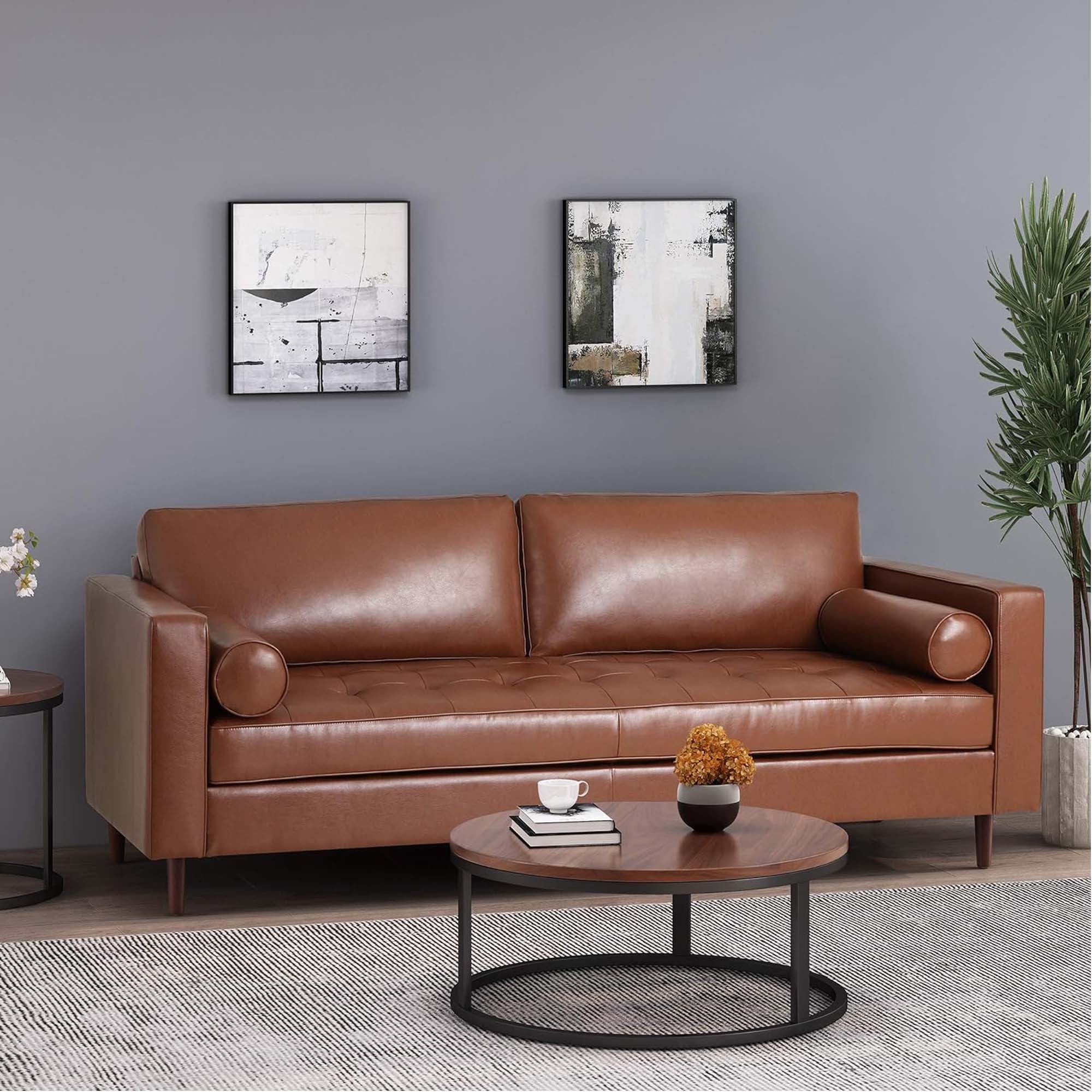 Mirod Comfy 3 Seat Sofa With Wooden Legs, Pu, For Living Room And Study Light Brown Pu 3 Seat