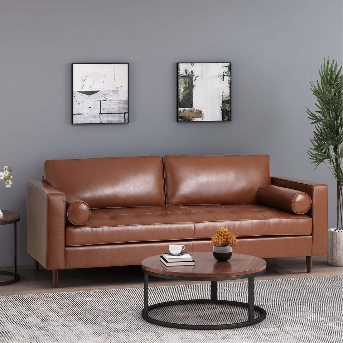 Mirod Comfy 3 Seat Sofa With Wooden Legs, Pu, For Living Room And Study Light Brown Pu 3 Seat