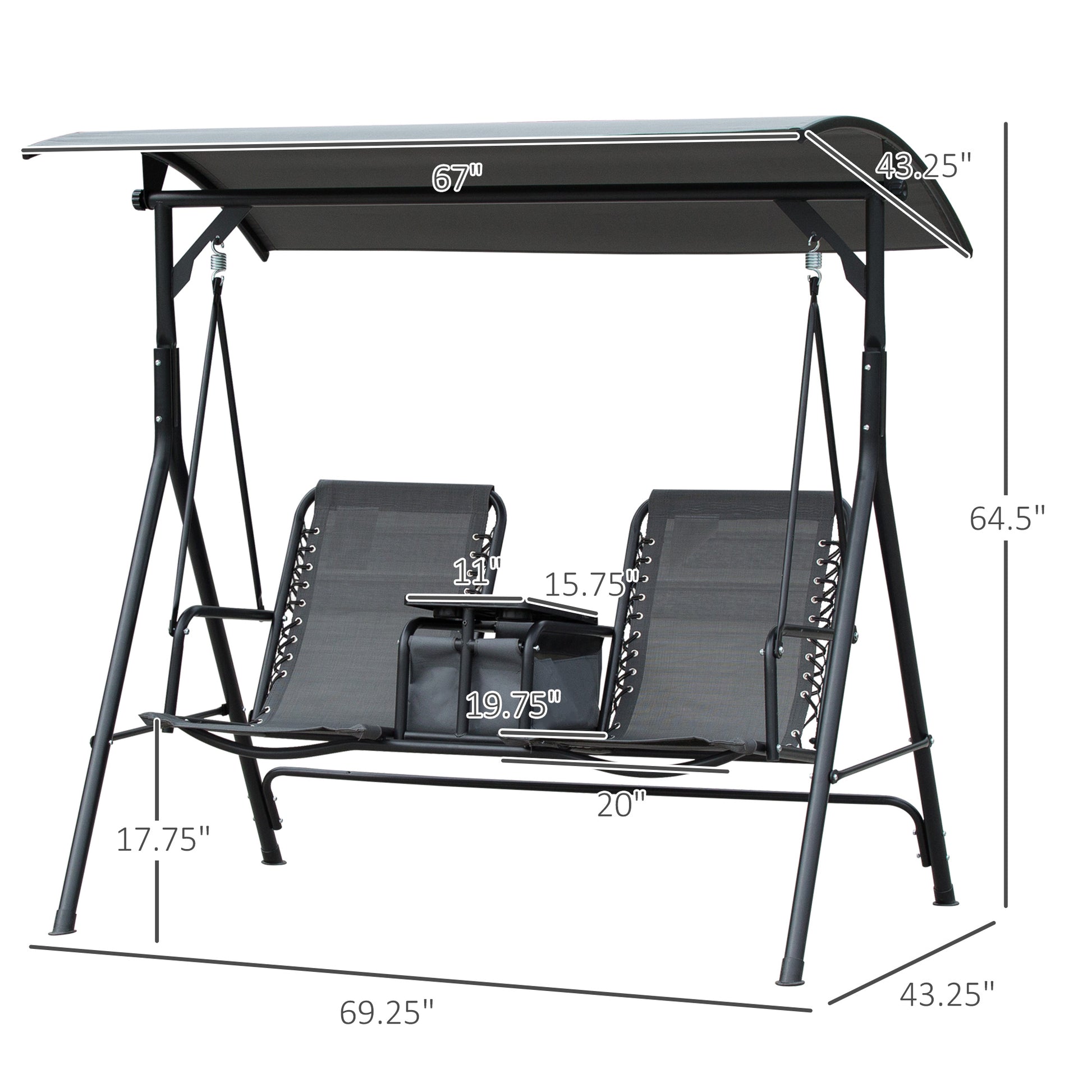 Outsunny 2 Seat Patio Swing Chair, Outdoor Canopy Swing Glider With Pivot Storage Table, Cup Holder, Adjustable Shade, Bungie Seat Suspension And Weather Resistant Steel Frame, Grey Gray Steel