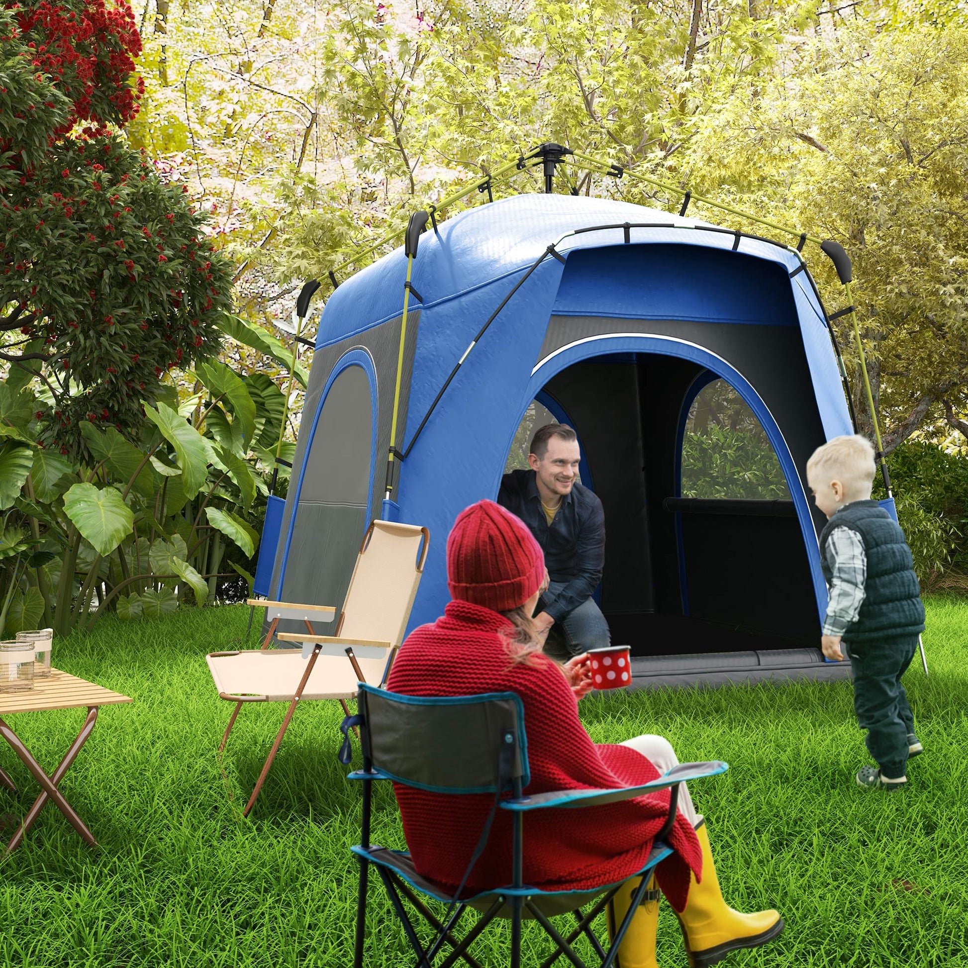 Outsunny Camping Tents 4 Person Pop Up Tent Quick Setup Automatic Hydraulic Family Travel Tent W Windows, Doors Carry Bag Included, Blue Blue Polyester