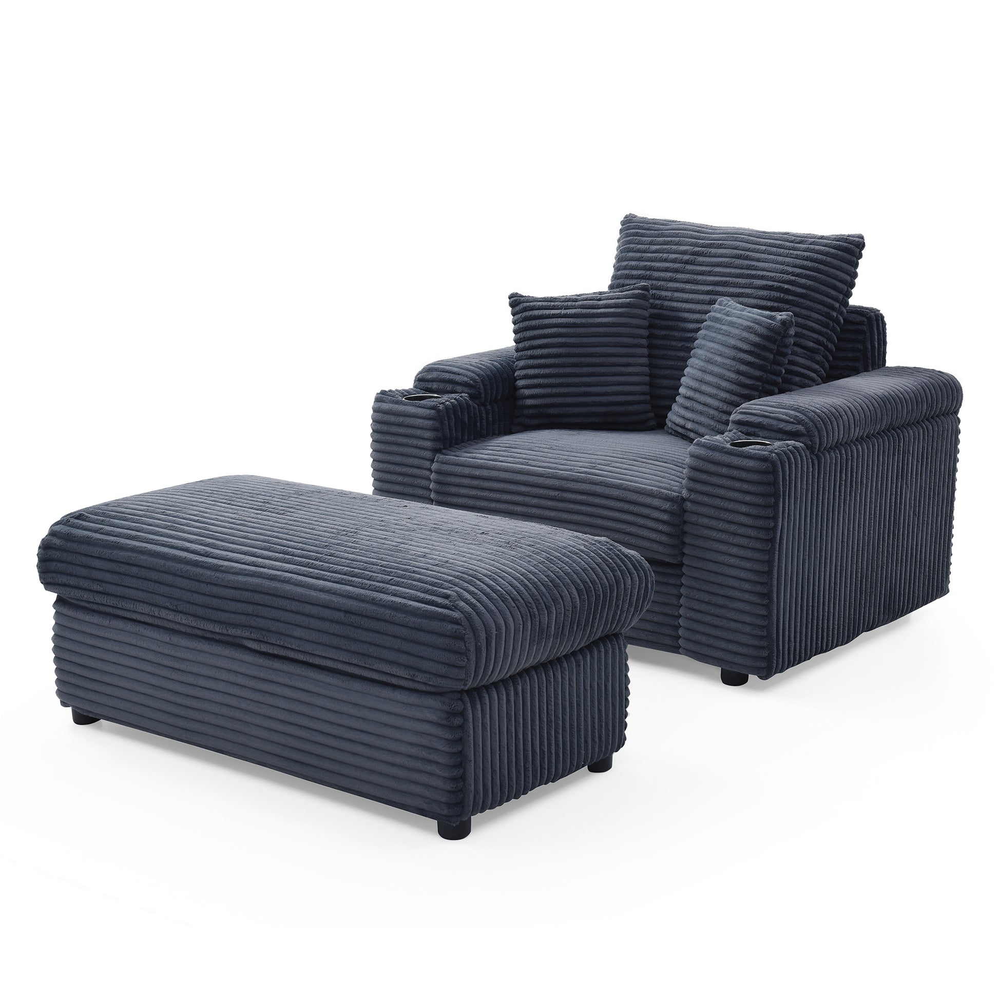 Oversized Accent Chair With Ottoman, Single Sofa Chair With Large Seat And Extra Wide Armrests, Modern Comfy Armchair Reading Chairs For Bedroom Living Room, Grey Dark Grey Wood Primary Living Space