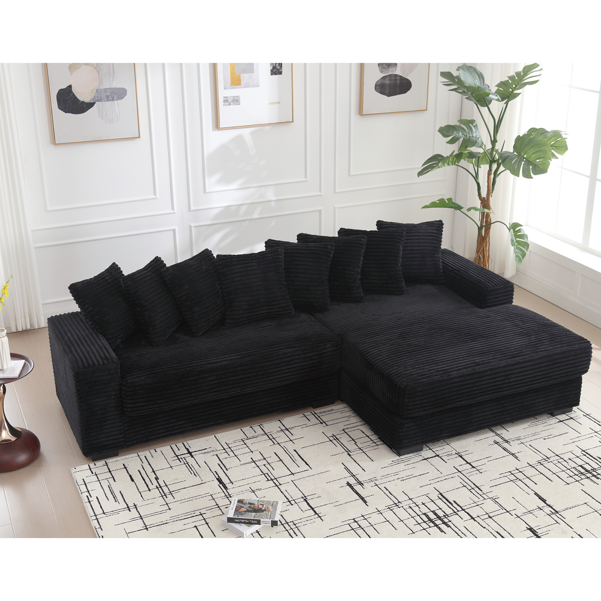 Arrived Oversized Two Piece Couches, L Shaped Sofa, Corduroy, Right Chaise Daybed,With Armrests,Eight Throw Pillows,Corner Sofa,Easy To Assemble, Black Black Polyester Wood Primary Living Space