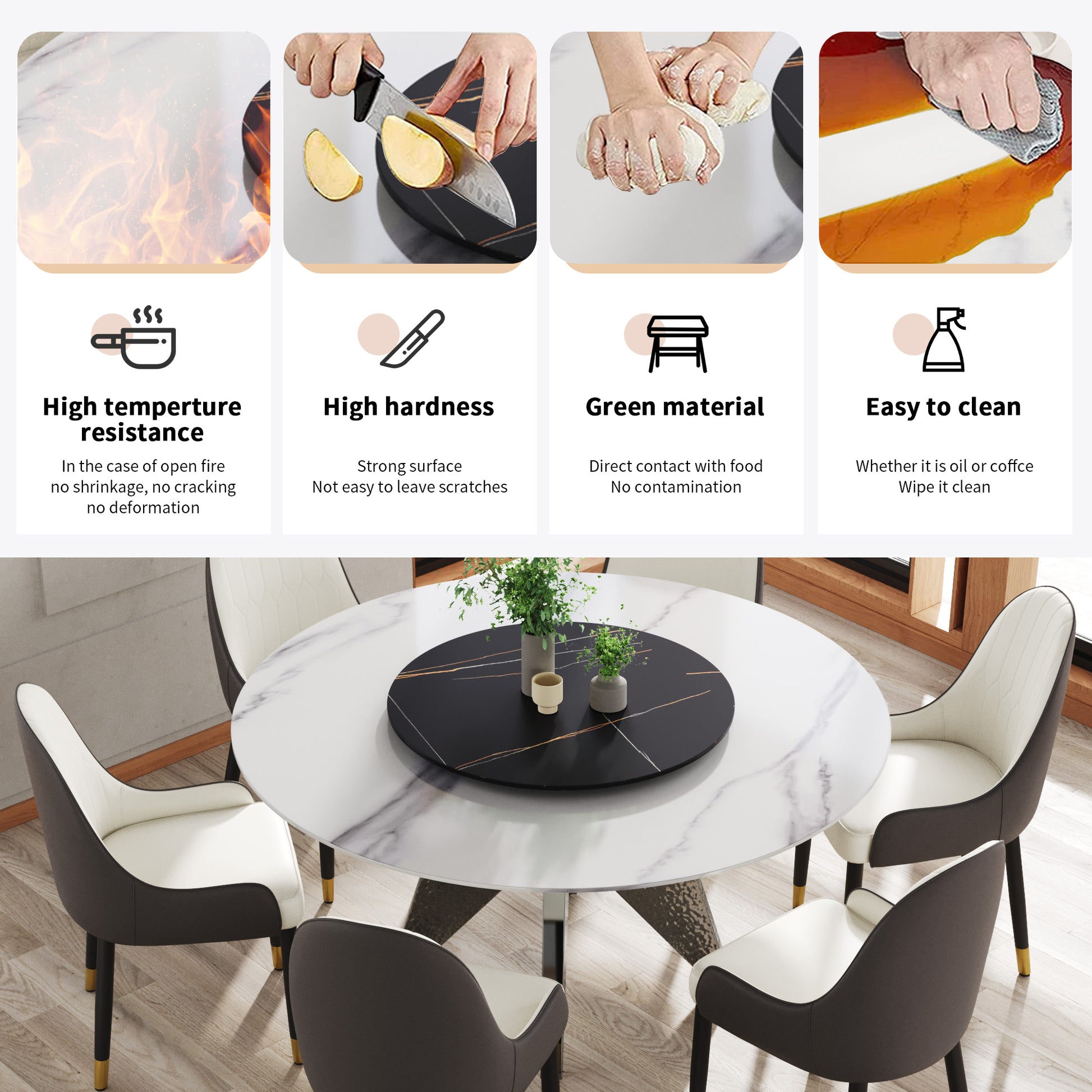 59.05" Round Marble Dining Table With Silver Stainless Steel Design Base, Artificial Marble For 6 8 People, 31.5"Black Artificial Stone Turntable,White&Black Dining Table Only Black,Silver,White