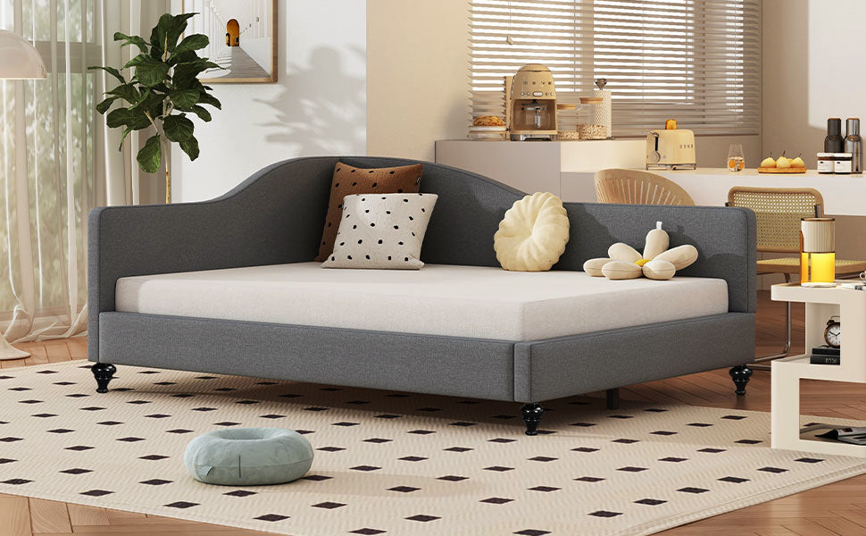 Full Size L Shaped Linen Daybed, With Solid Wood Legs, Gray Old Sku: Sf000146Aae Full Gray Linen Mdf