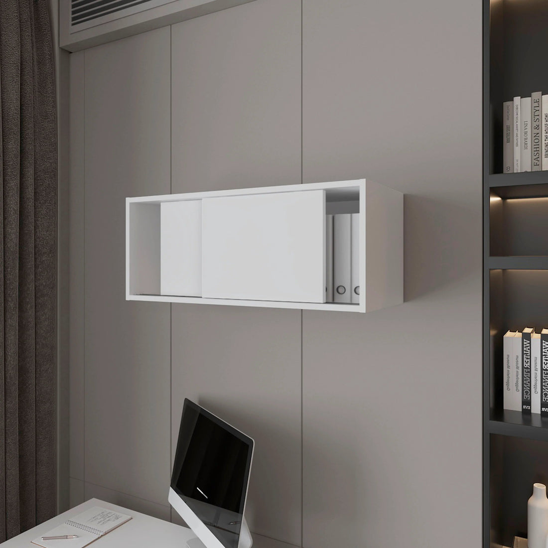 White Floating Cabinet With Sliding Door Wall Mounted 1 2 Shelves White Primary Living Space Sliding Doors Modern Particle Board