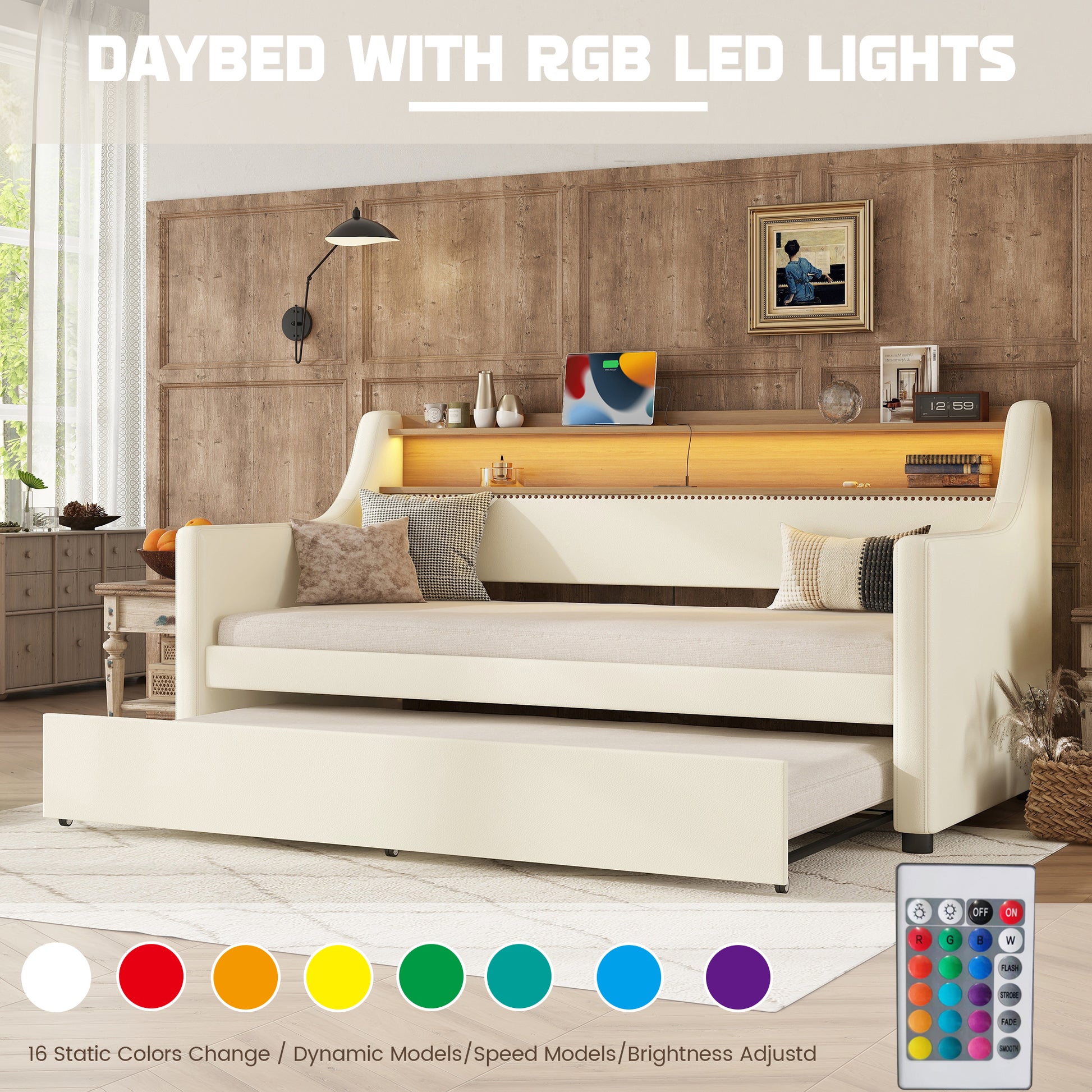 Twin Size Daybed With Trundle, Upholstered Daybed With Charging Station And Led Lights, White Expect Arrive Date:May 20Th. Twin White Pu Leather