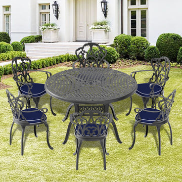 Cushions In Random Colors 7 Piece Set Of Cast Aluminum Patio Furniture With Cushions Yes Dining Set Black Seats 6 Rust Resistant Frame Water Resistant Cushion Garden & Outdoor Complete Patio Sets Aluminium