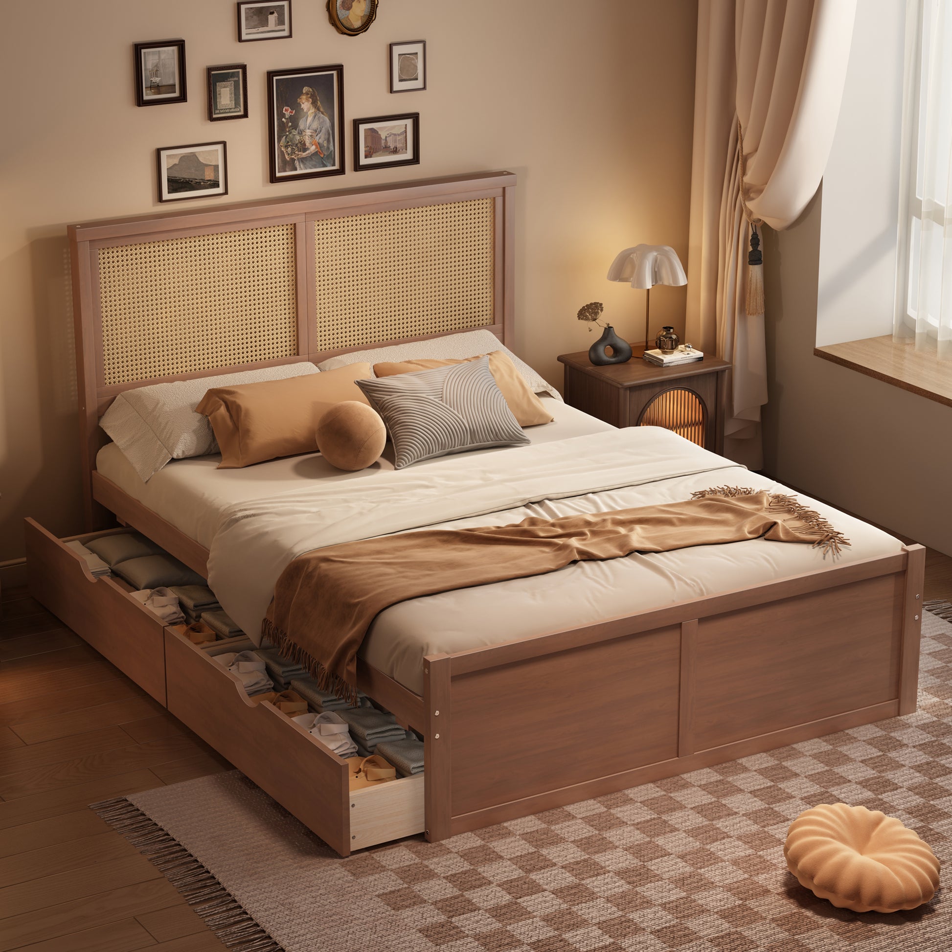 Queen Size Wood Storage Platform Bed With 4 Drawers, Rattan Headboard, Espresso Box Spring Not Required Queen Antique Espresso Wood Bedroom Bed Frame Wood Rattan