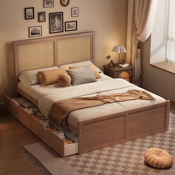Queen Size Wood Storage Platform Bed With 4 Drawers, Rattan Headboard, Espresso Box Spring Not Required Queen Antique Espresso Wood Bedroom Bed Frame Wood Rattan