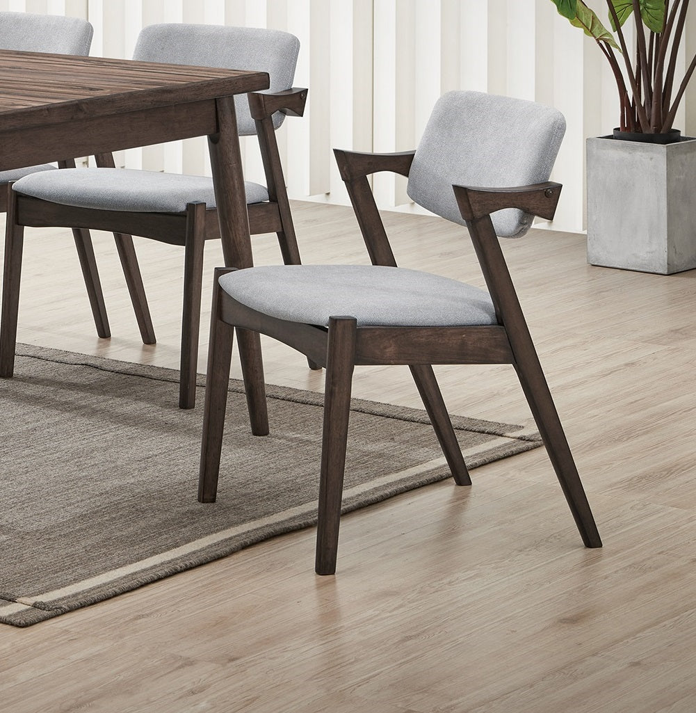 Modern 7Pc Dining Set Ash Walnut Finish Dining Table 6X Side Chairs Foam Cushion Fabric Upholstery Unique Back Design Wood Dining Room Rubberwood Rectangular Dining Table With Chair Upholstered Chair Wood Walnut Solid Back Seats 6